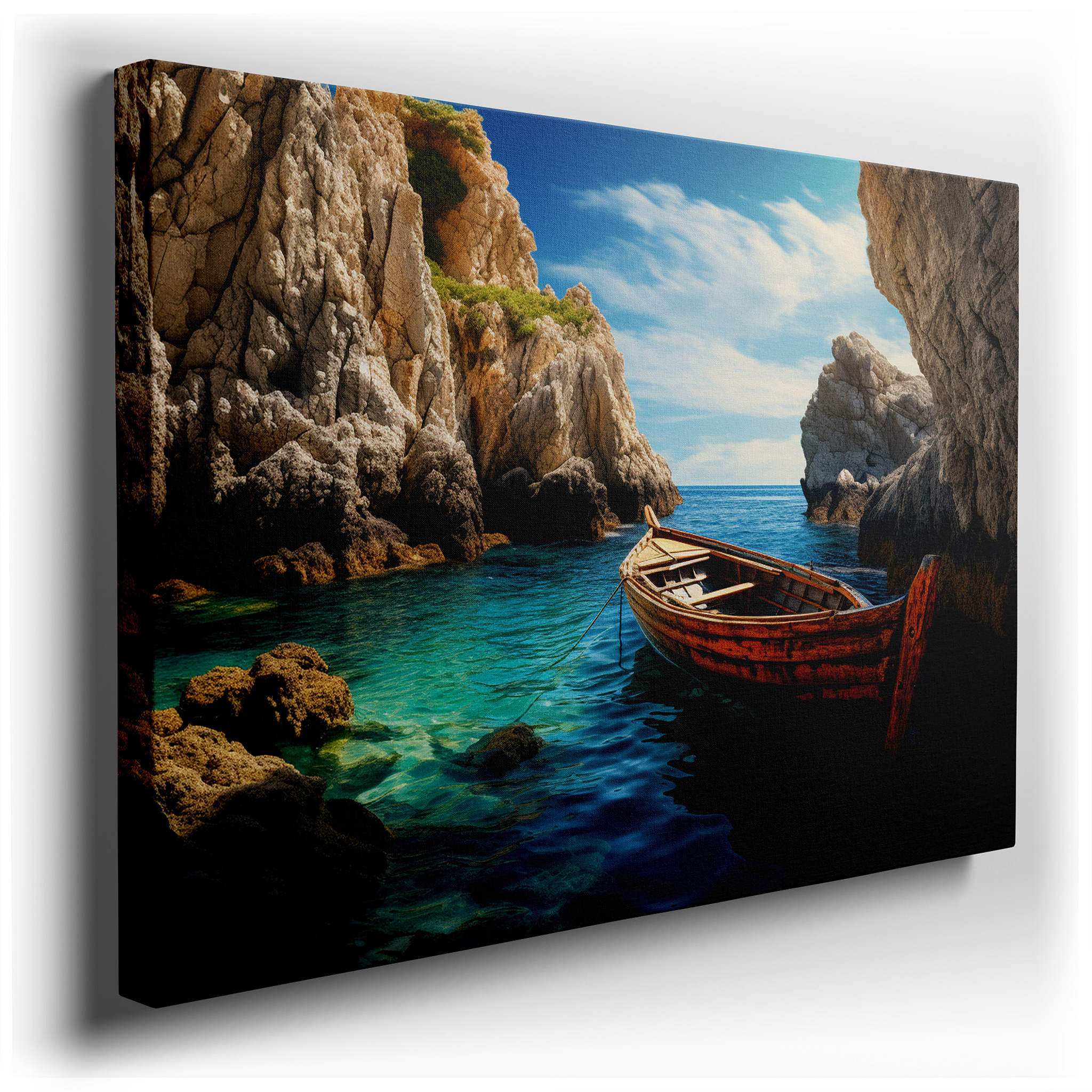 Coastal Serenity Wall Art Featuring Weathered Boat and Textured Cliffs - Large Canvas for Home and Office Decor,