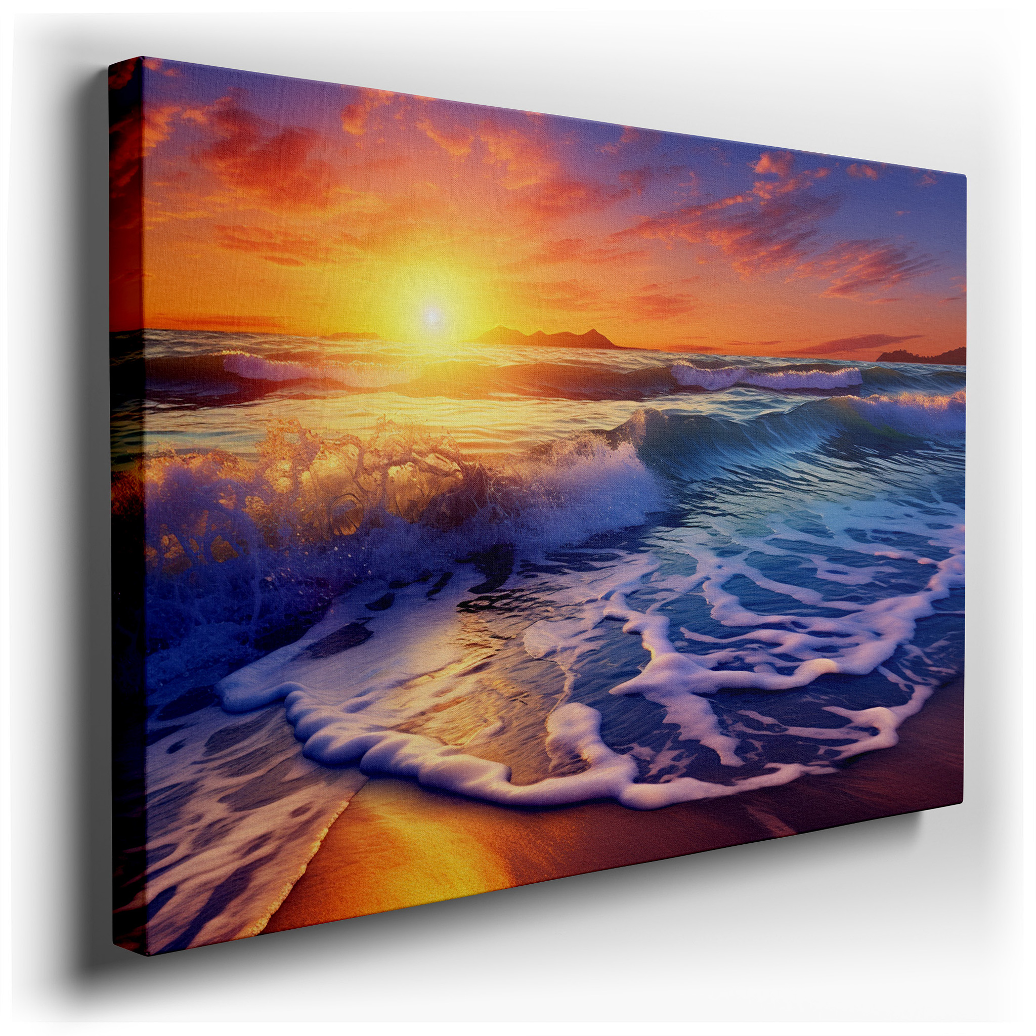 Coastal Sunset Magic: Vibrant Ocean Waves and Serene Sky Reflections - Large Canvas Wall Art for Office and Bedroom