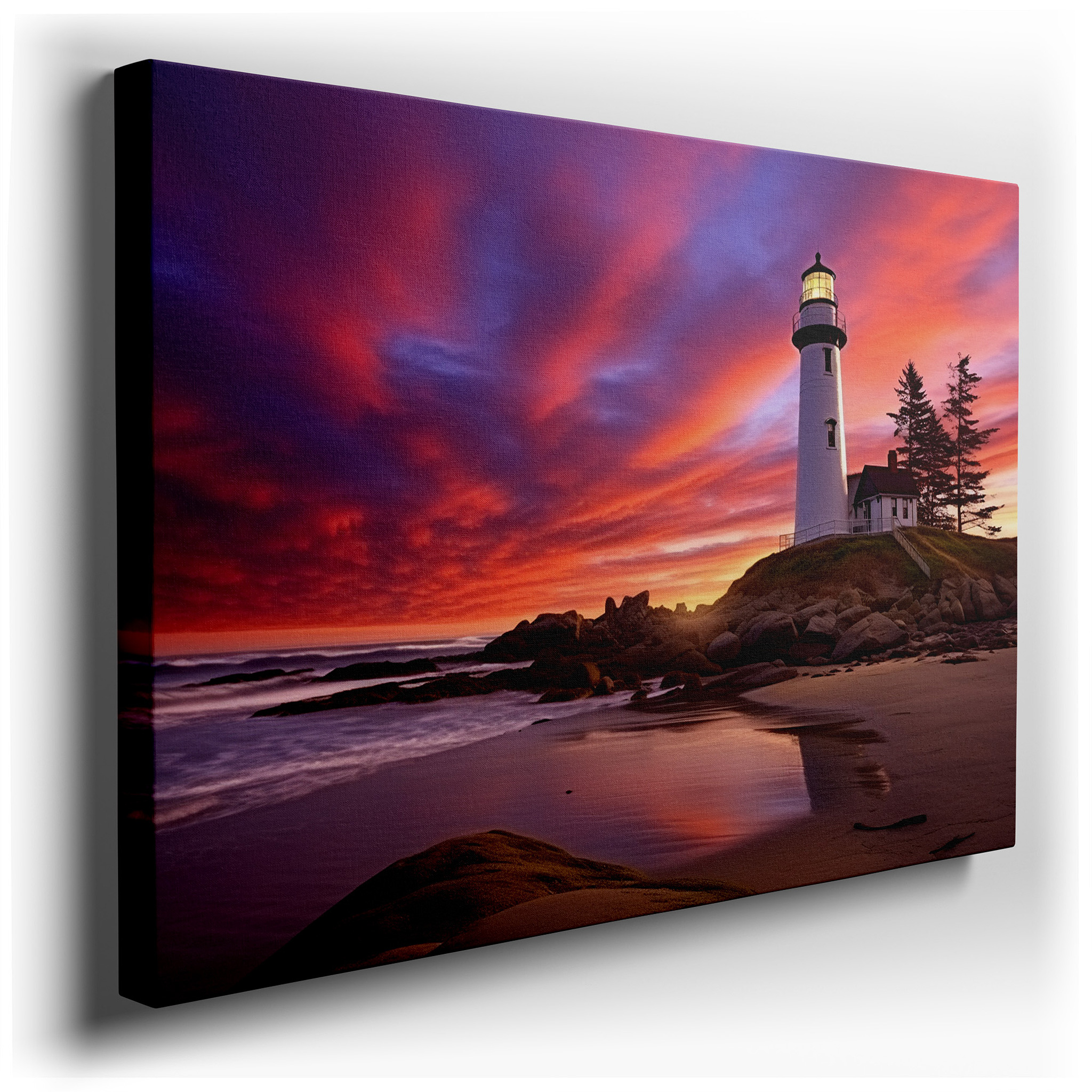 Coastal Sunset Majesty: Lighthouse Serenity Under Vibrant Skies - Large Canvas Wall Art for Office and Bedroom Decor