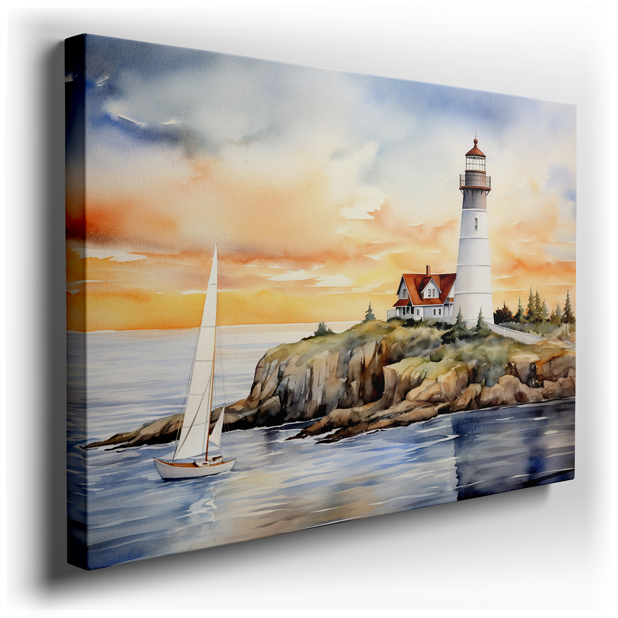 Coastal Sunset Wall Art Featuring Majestic Lighthouse and Elegant Sailboat - Large Canvas for Home or Office Decor