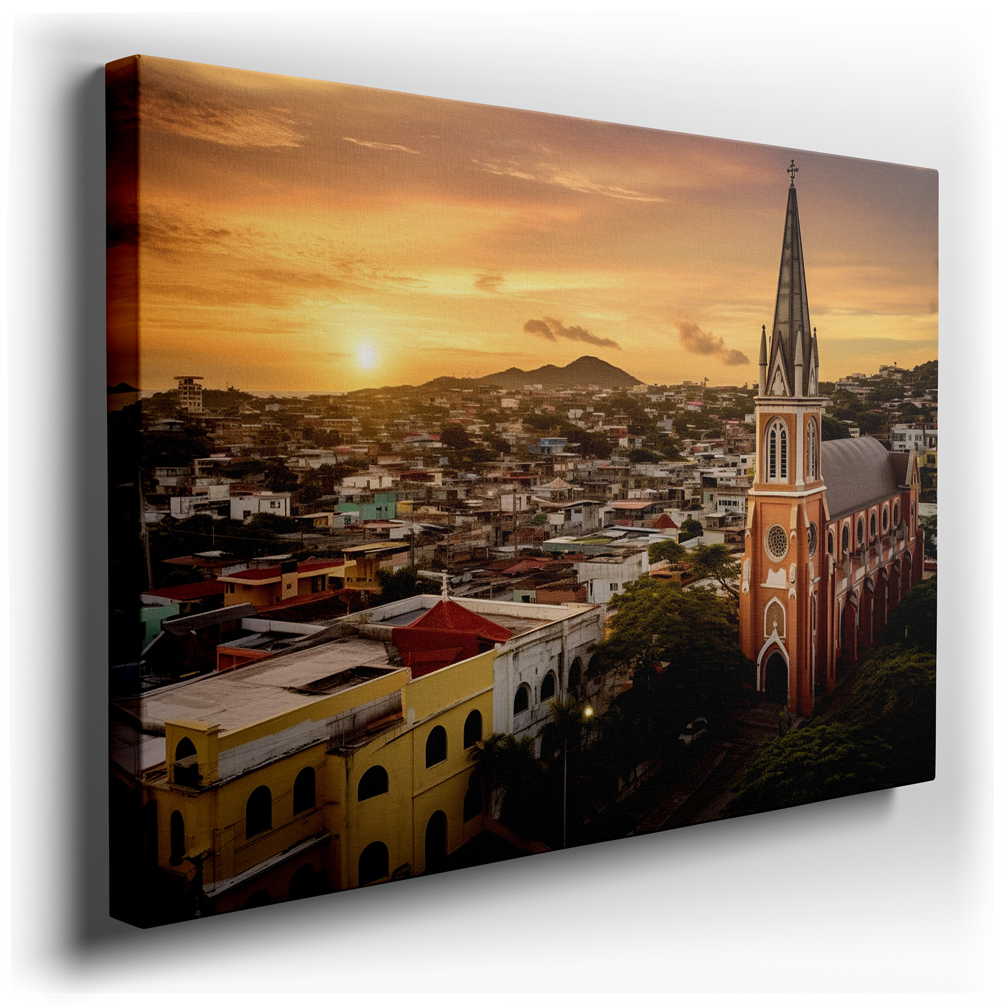 Coastal Town Sunset Serenity: Fiery Hues and Tranquil Silhouettes - Large Canvas Wall Art for Home and Office Decor