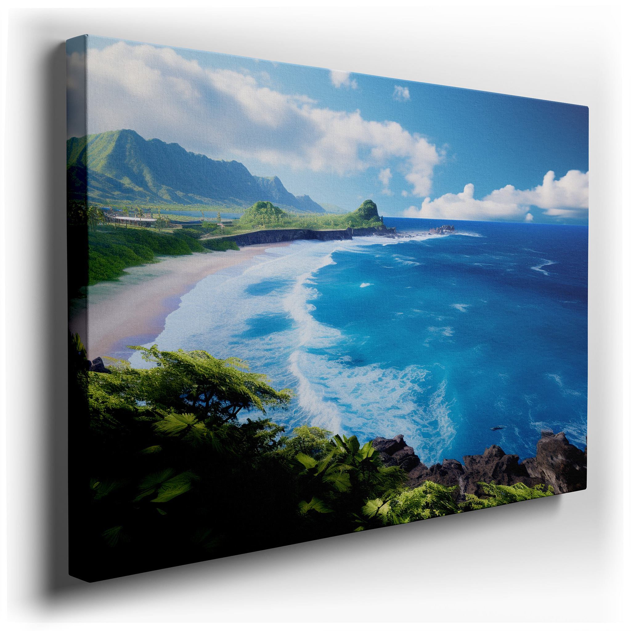 Coastal Tranquility: Lush Hills and Vibrant Ocean Waves - Large Canvas Wall Art for Office, Bedroom, and Living Room