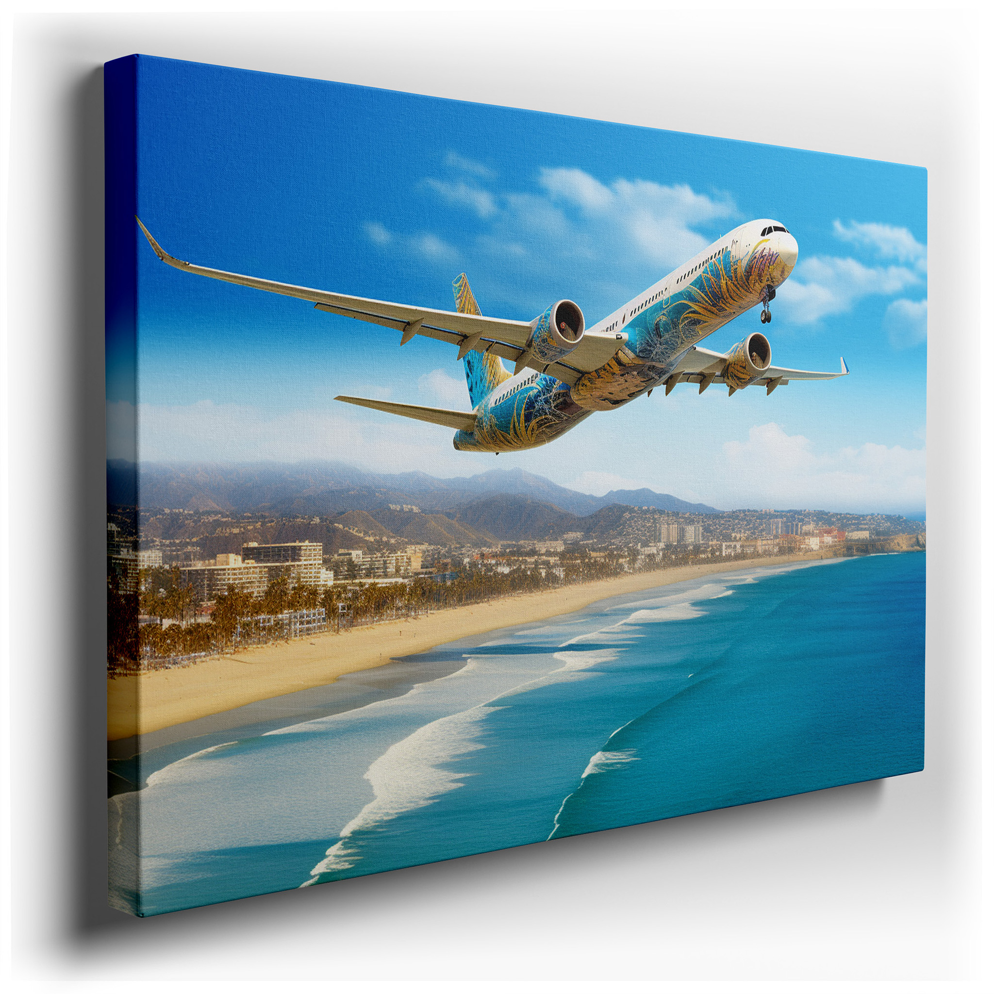 Coastal Vista with Soaring Airplane Canvas: Inspiring Adventure and Serenity for Office and Bedroom Wall Decor wrapped