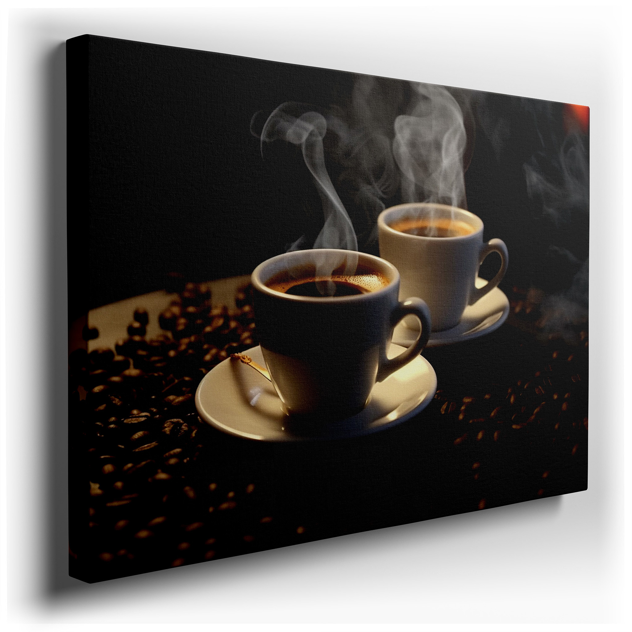 Coffee Culture Tribute Wall Art Featuring Steaming Cups and Roasted Beans - Large Canvas for Office or Bedroom Decor