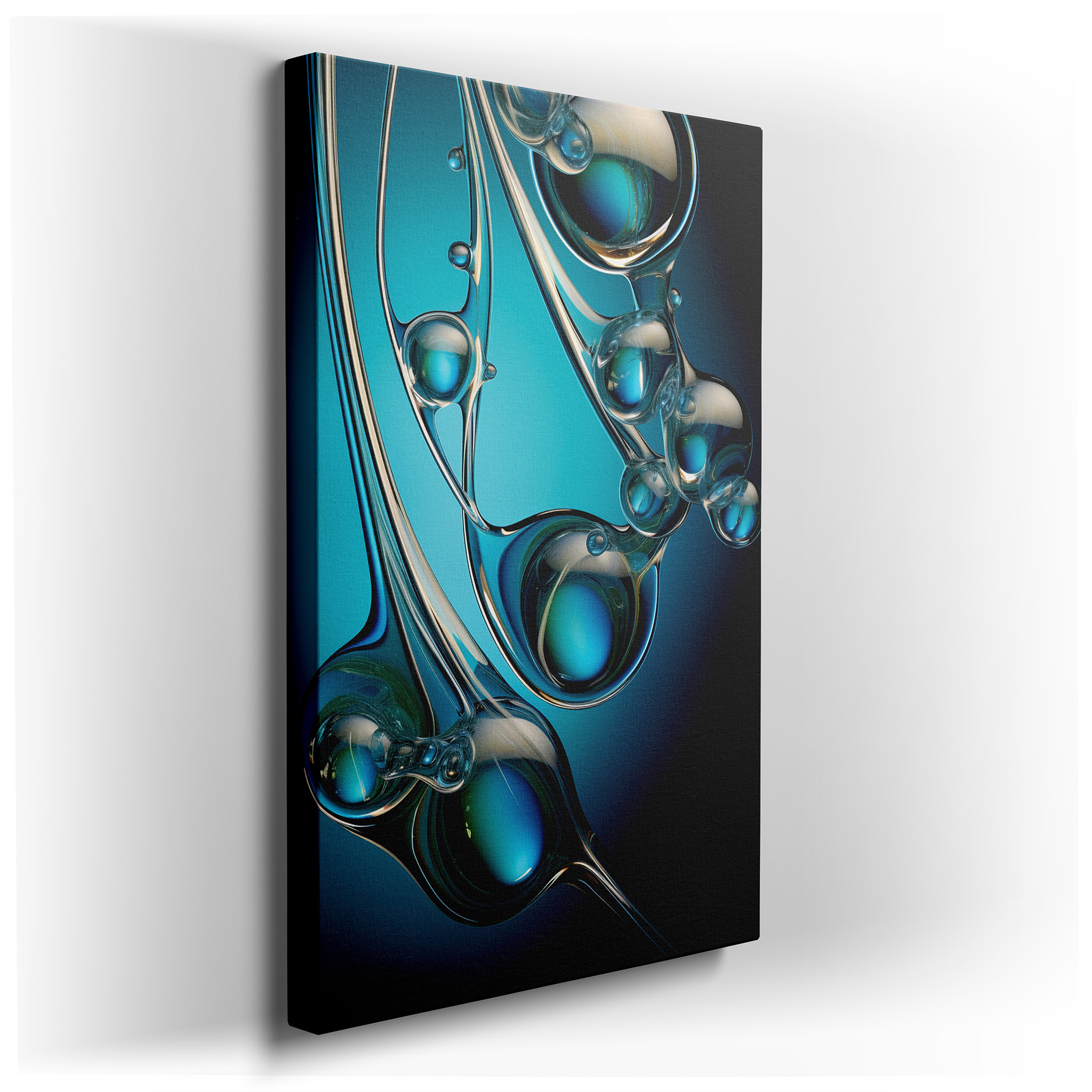 Colorful Abstract Art with Fluid Shapes and Glossy Spheres on a Deep Blue Background, Large Canvas Wall Art wrapped