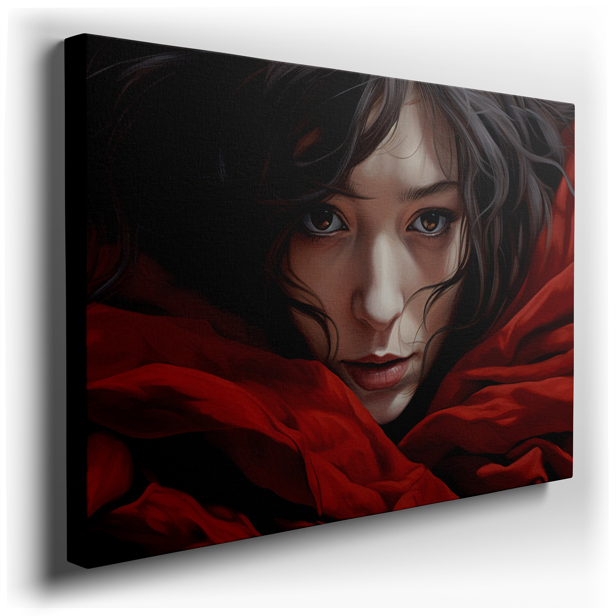 Contemplation in Red: A Serene Portrait Draped in Luxurious Fabric, Encouraging Profound Reflection - Large Wall Art,