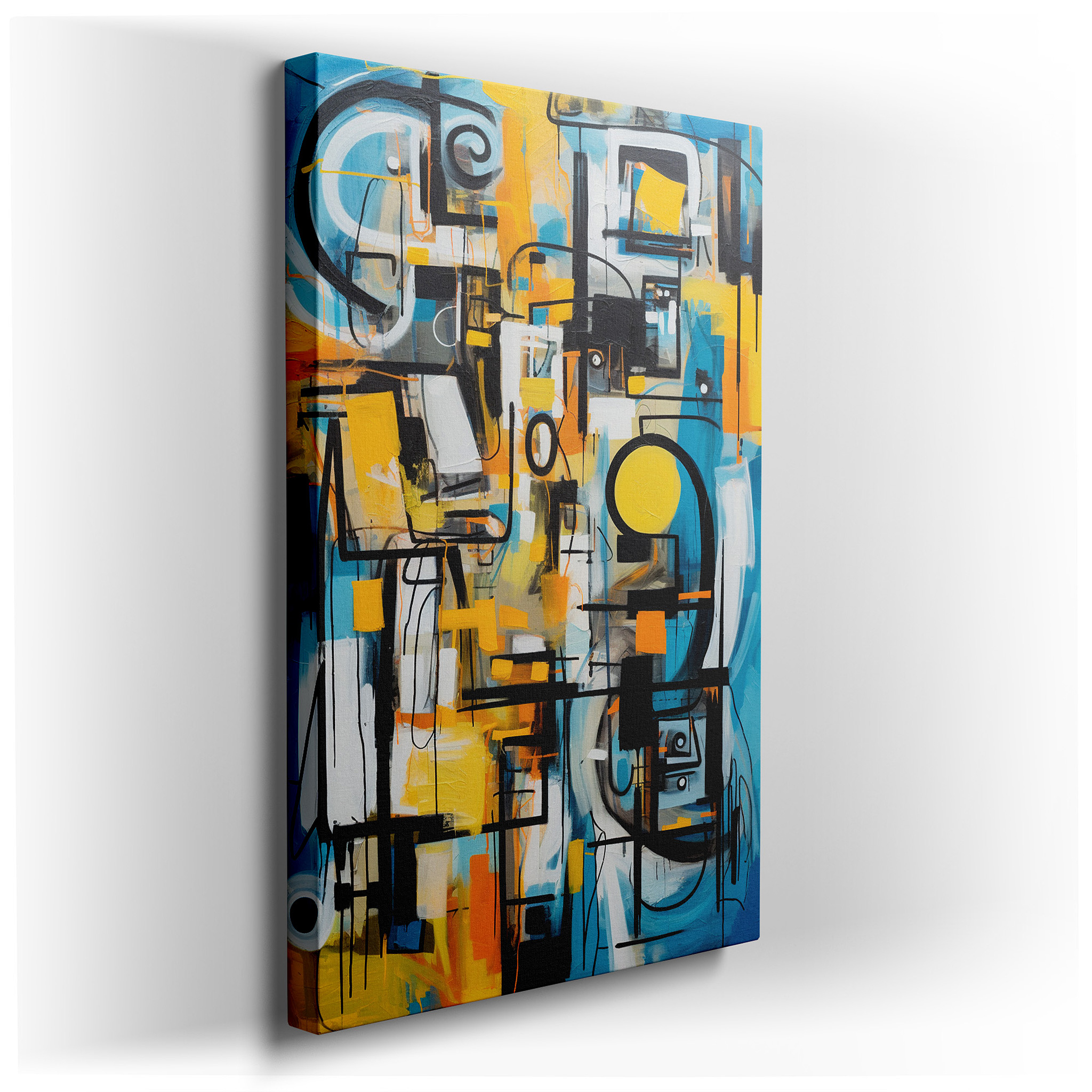 Contemporary Abstract Art in Blue, Yellow, and Black - A Vibrant Blend of Creativity and Innovation for Large Wall