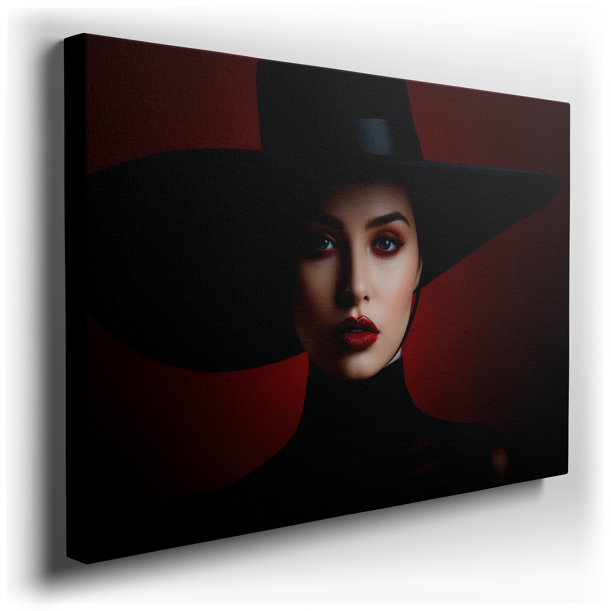 Contemporary Chic: Striking Large Wall Art Featuring a Bold Model in a Black Hat and Red Makeup, Perfect for Office or