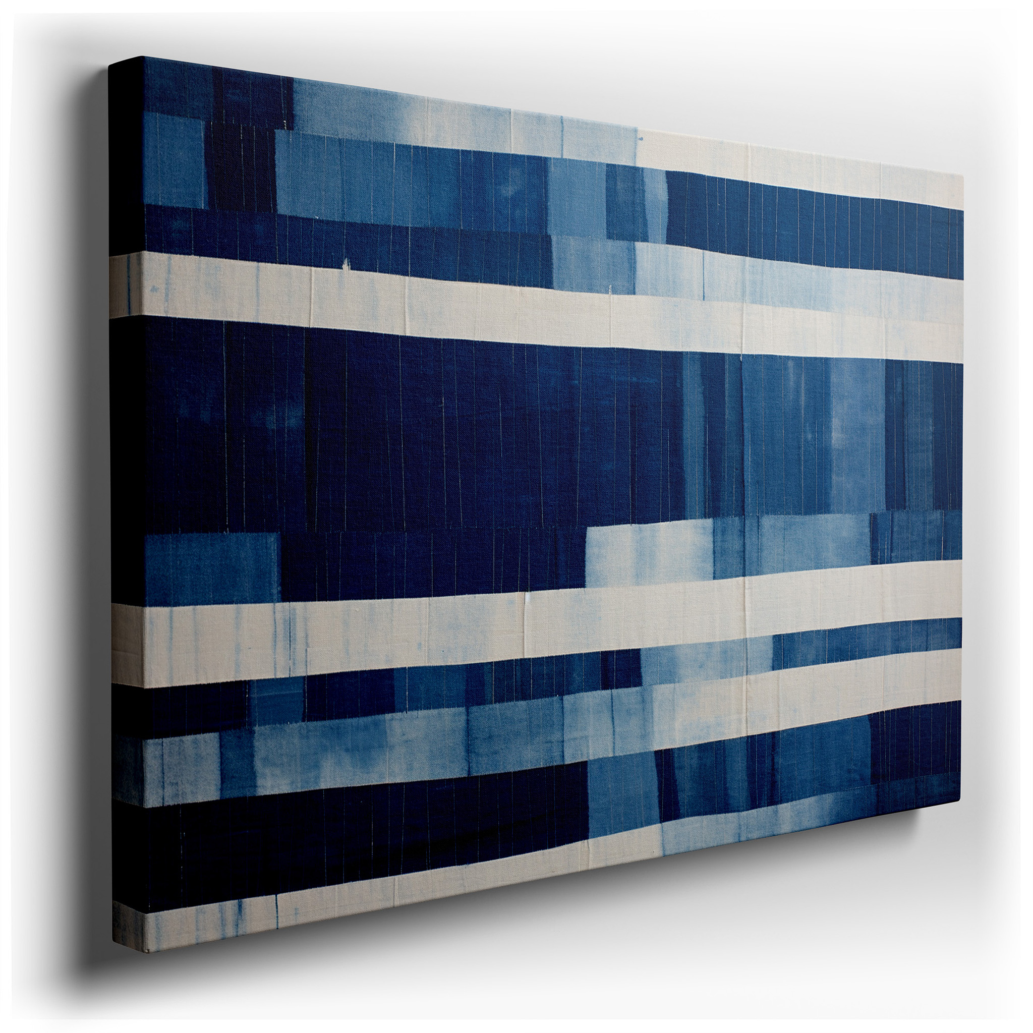 Contemporary Elegance in Bold Blue and White Stripes: Large Canvas Wall Art for Office Decor wrapped canvas - main