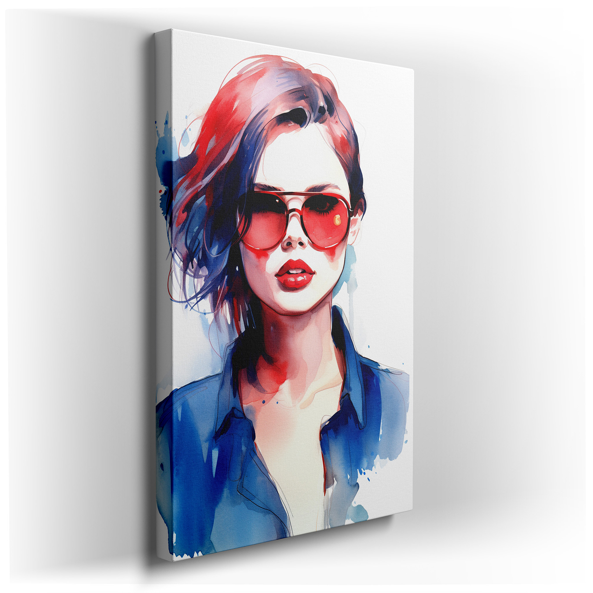 Contemporary Elegance Meets Watercolor Art, Showcasing a Fashionable Woman with Vibrant Red Hair and Trendy Sunglasses,