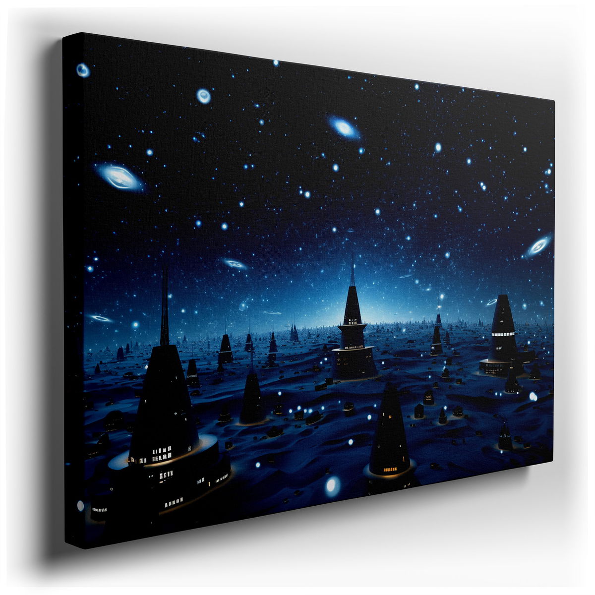 Cosmic Cityscape - Abstract Blue Canvas Wall Art