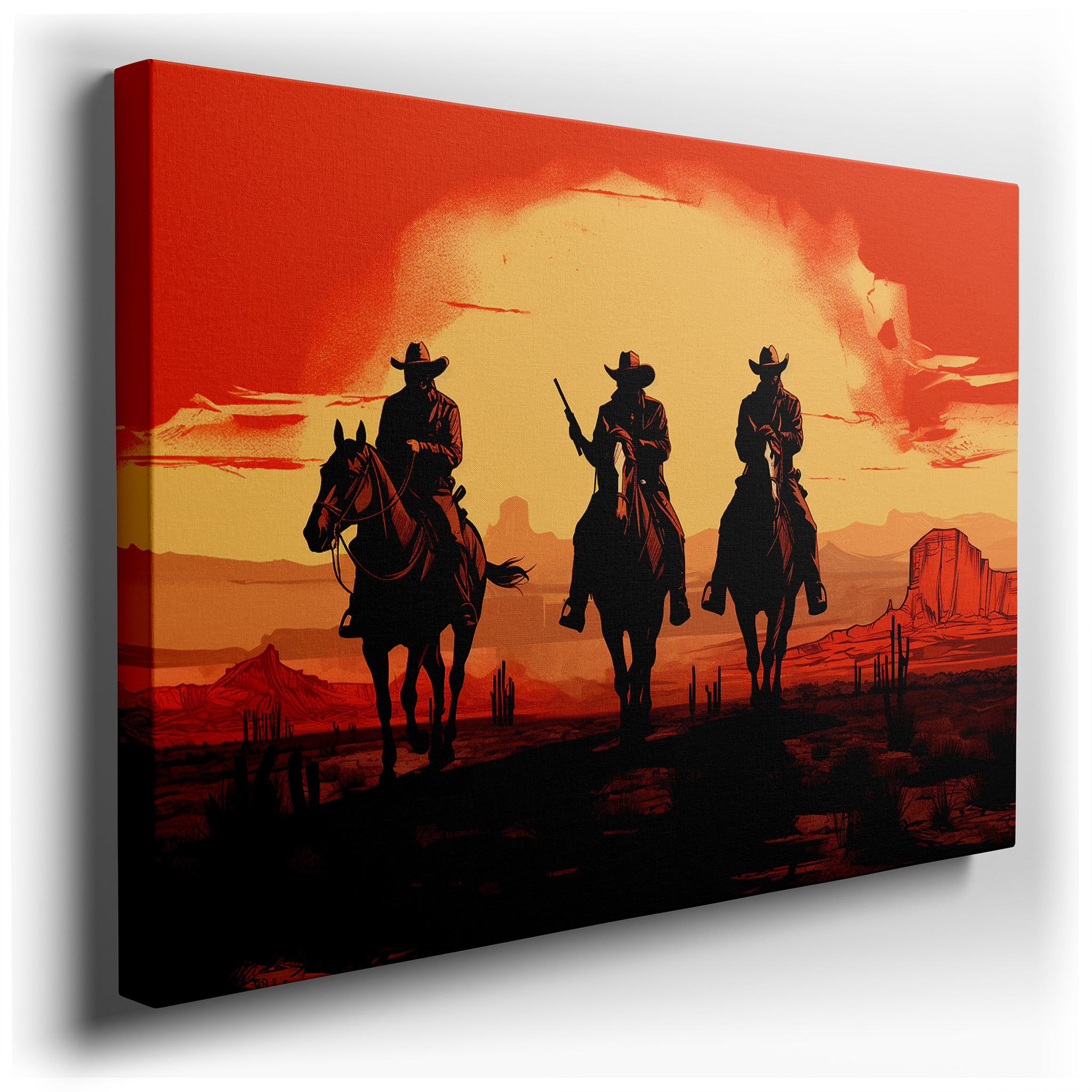 Cowboys Riding Horses at a Fiery Desert Sunset - A Striking Emblem of Liberty and Exploration in the American West,