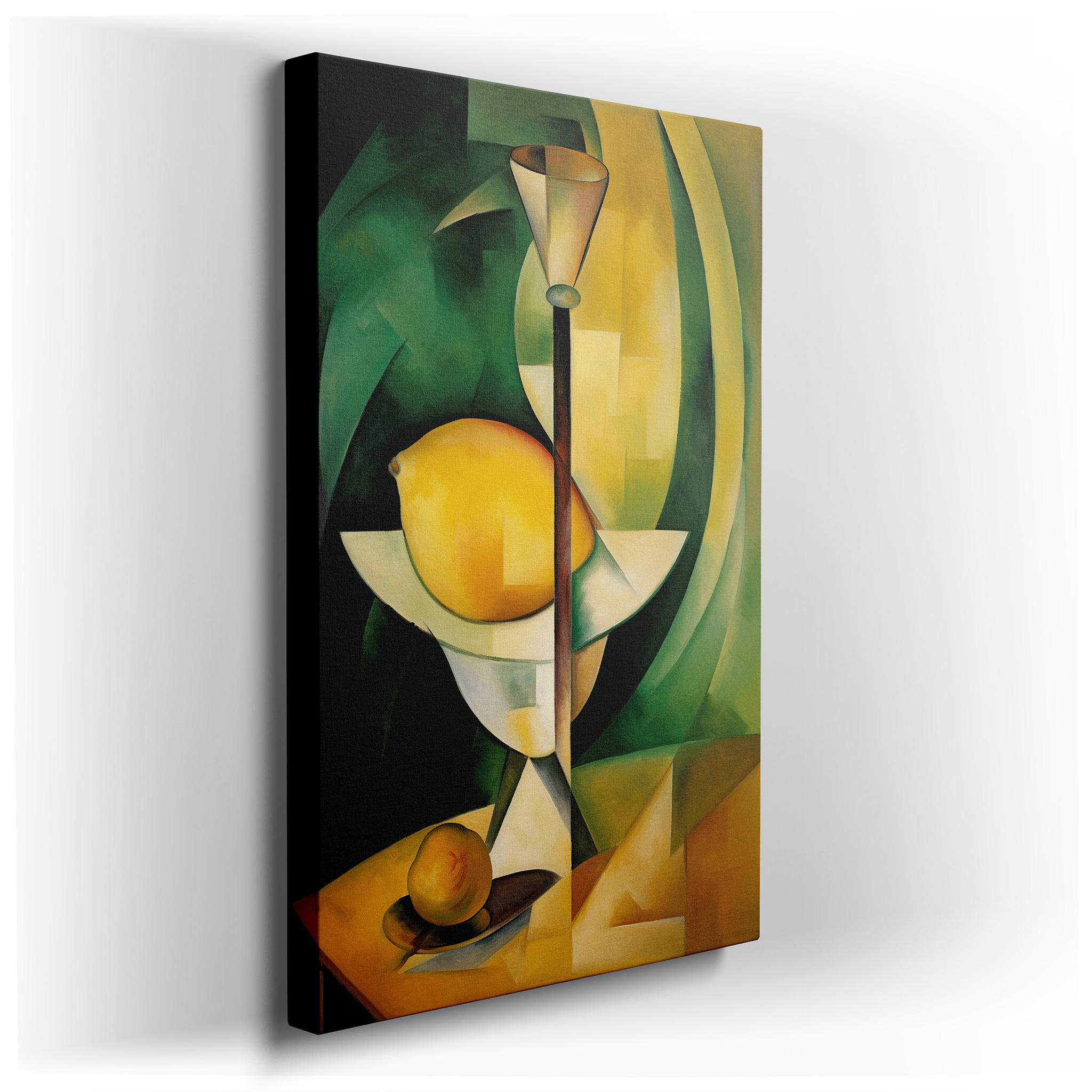 Cubist Abstract Still Life Featuring Lemon and Orange on a Geometric Table, Large Canvas Wall Art for Home and Office