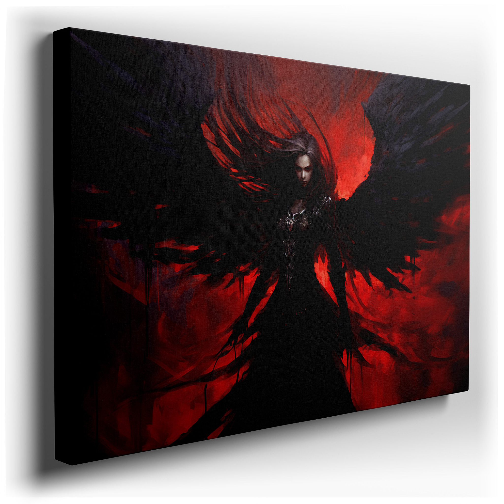 Dark Angel in Metallic Armor with a Crimson Background, Emblematic of Resilience and Mythical Strength, Large Canvas