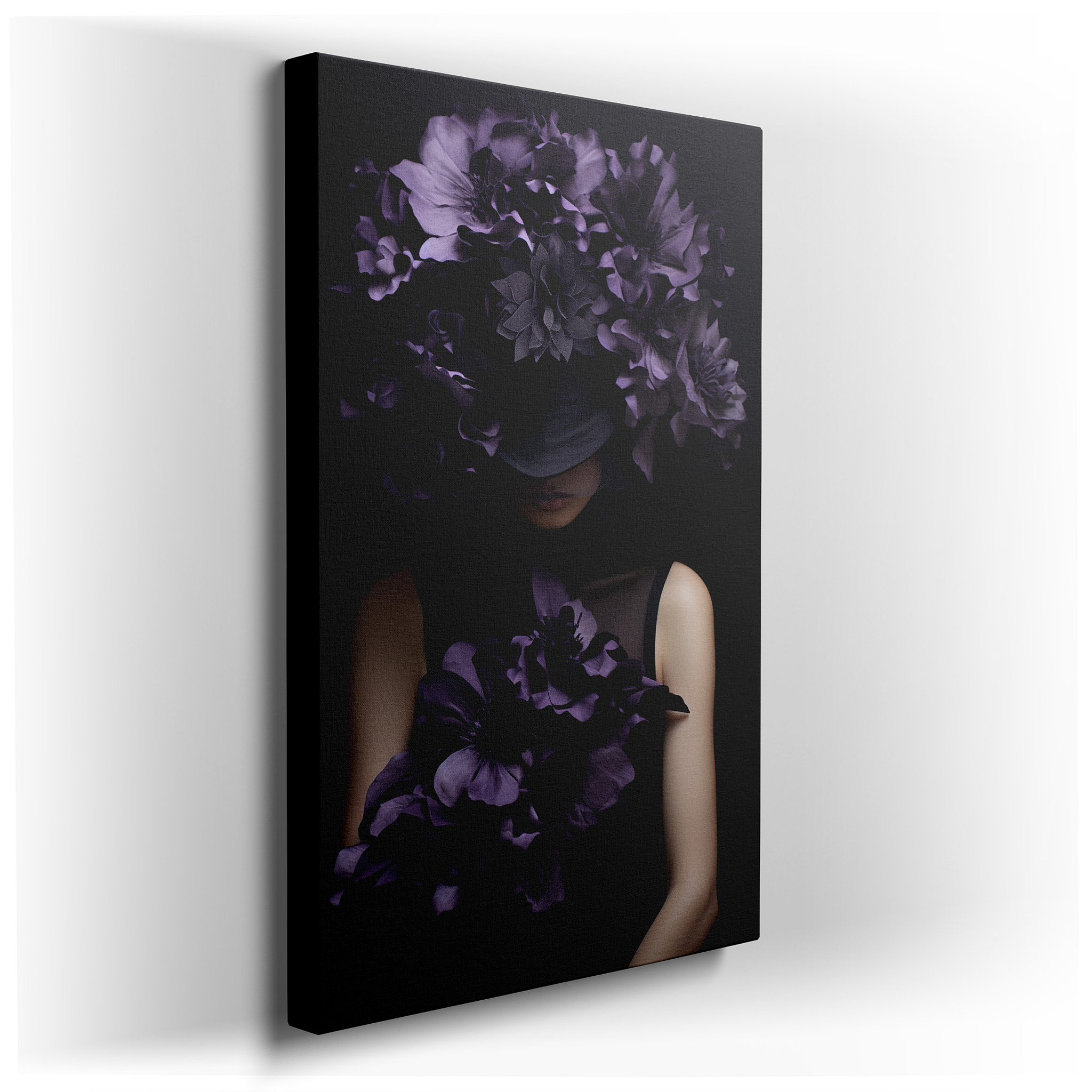 Dark Purple Flowers and Enigmatic Model: Luxurious Fashion - Inspired Large Wall Art, Canvas Decor for Office and Home
