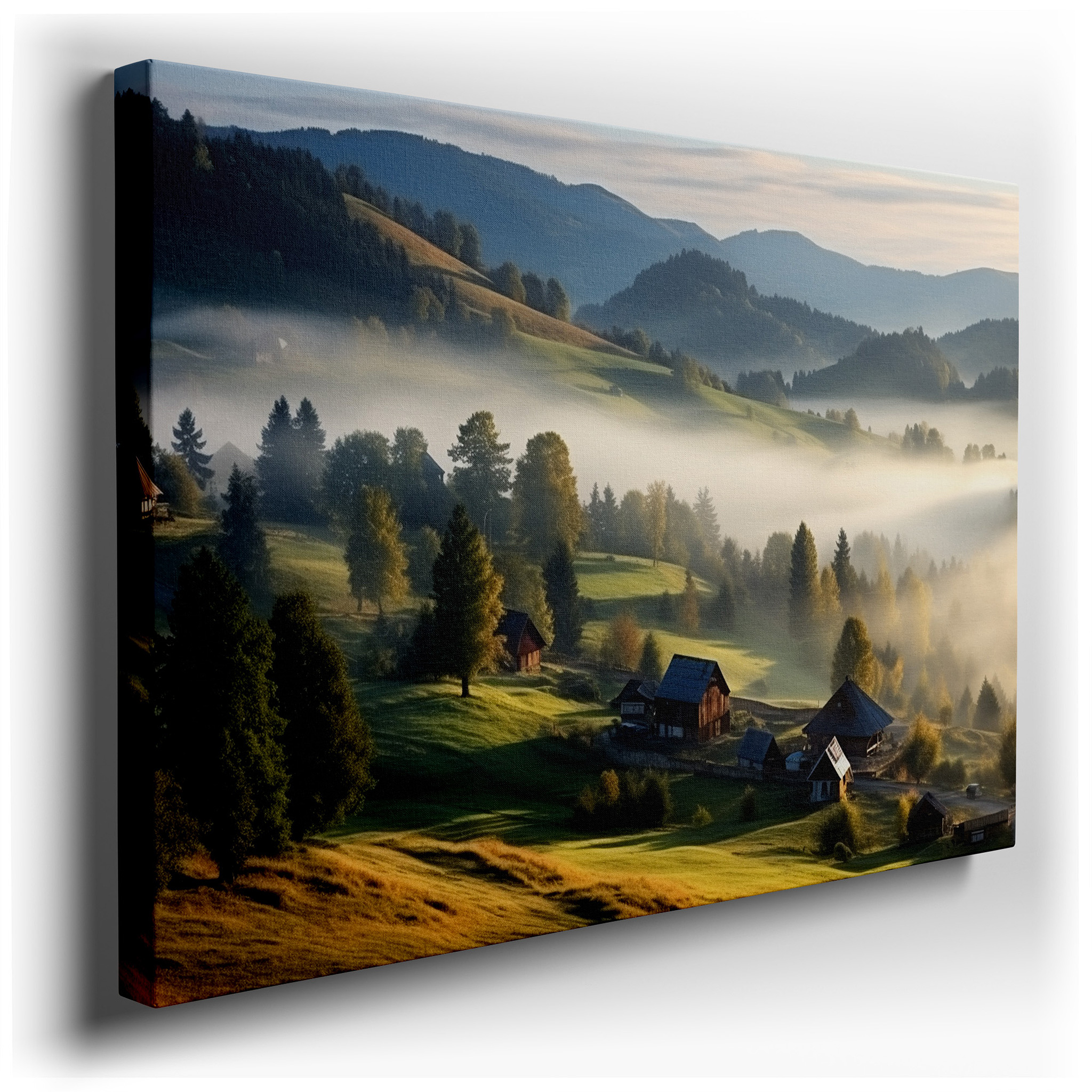 Dawn's Embrace: Misty Mountain Village Large Wall Art, Canvas Decor for Office, Bedroom, and Living Room wrapped canvas