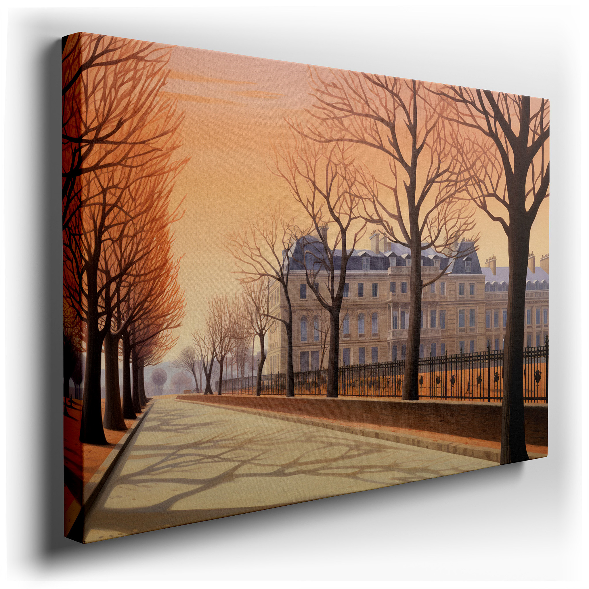 Dawn's Embrace on a Parisian Avenue: Large Wall Art Featuring Ornate Facades and Cobblestone Paths, Canvas Wall Art for