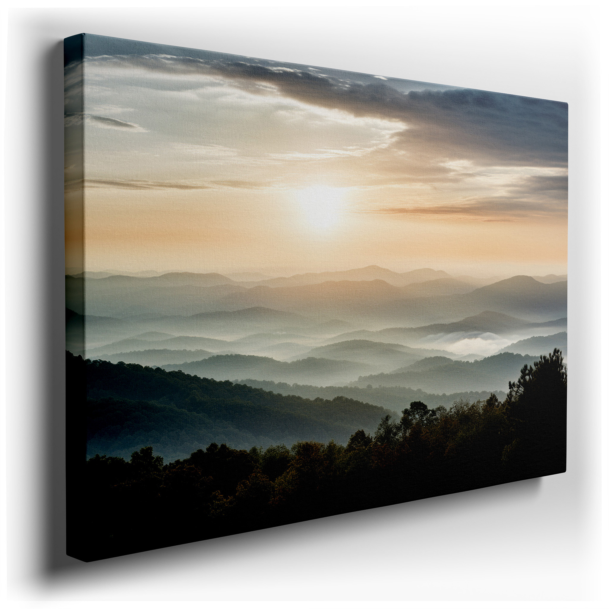 Dawn's Gentle Embrace: Serene Landscape with Misty Valleys and Rolling Hills - Large Canvas Wall Art for Office and