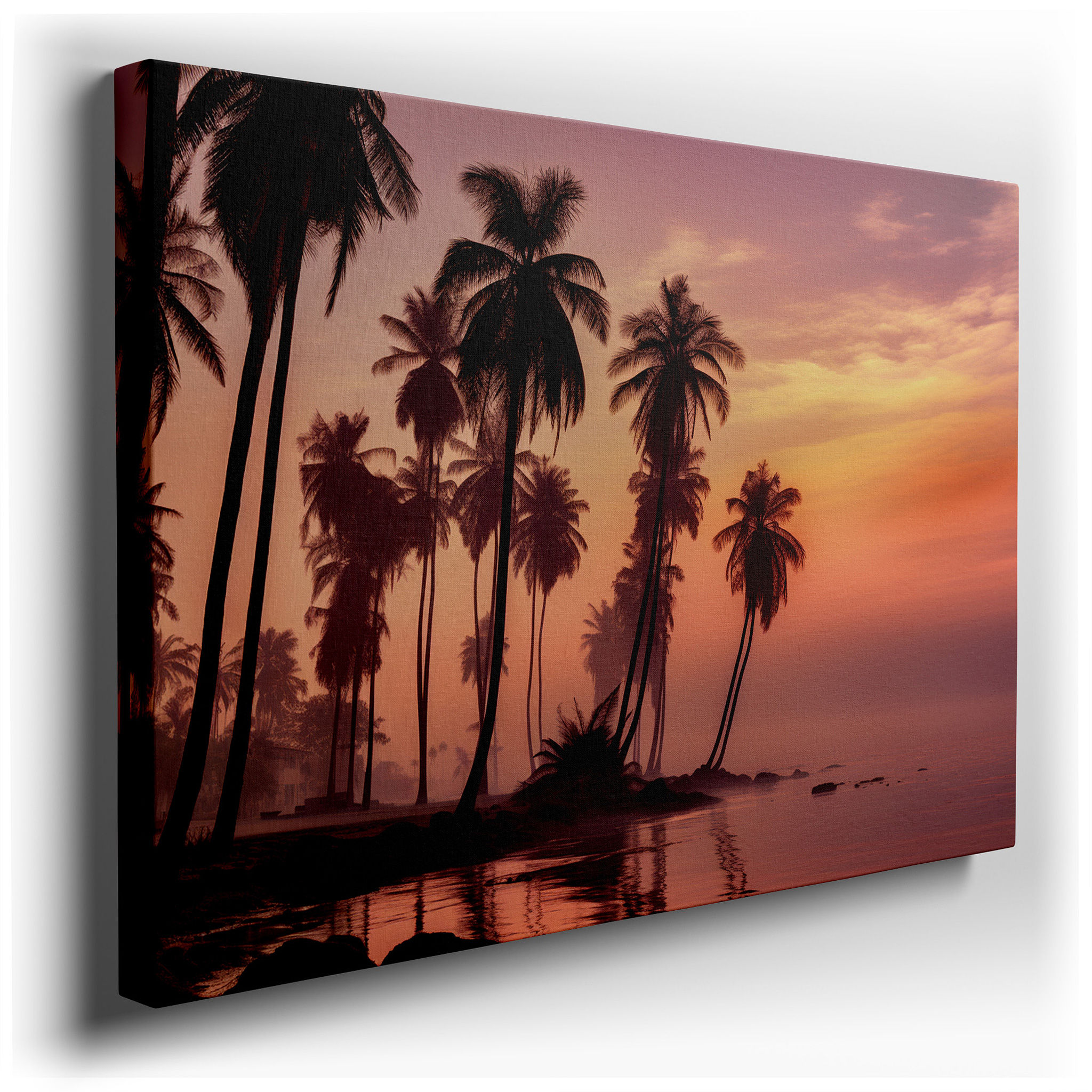 Dawn's Gentle Embrace: Silhouettes of Palms Against a Vibrant Morning Sky - Large Canvas Wall Art for Home and Office