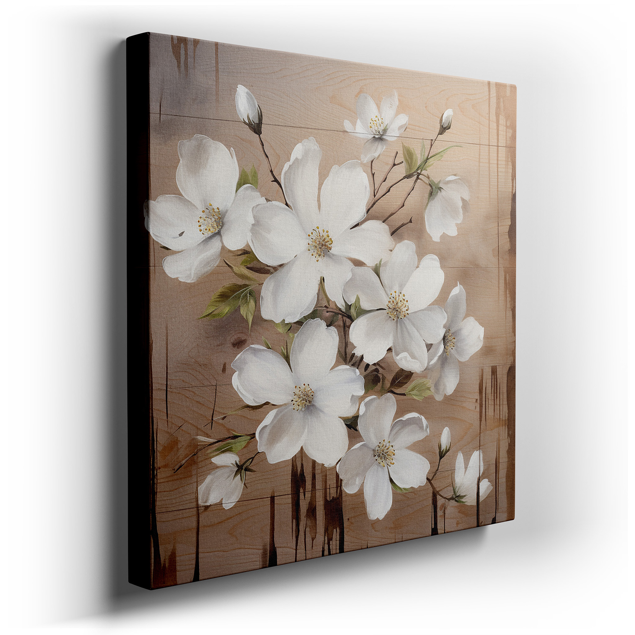 Delicate White Flowers on a Rustic Wooden Board - A Serene Combination of Natural Beauty and Artistic Skill Large Wall
