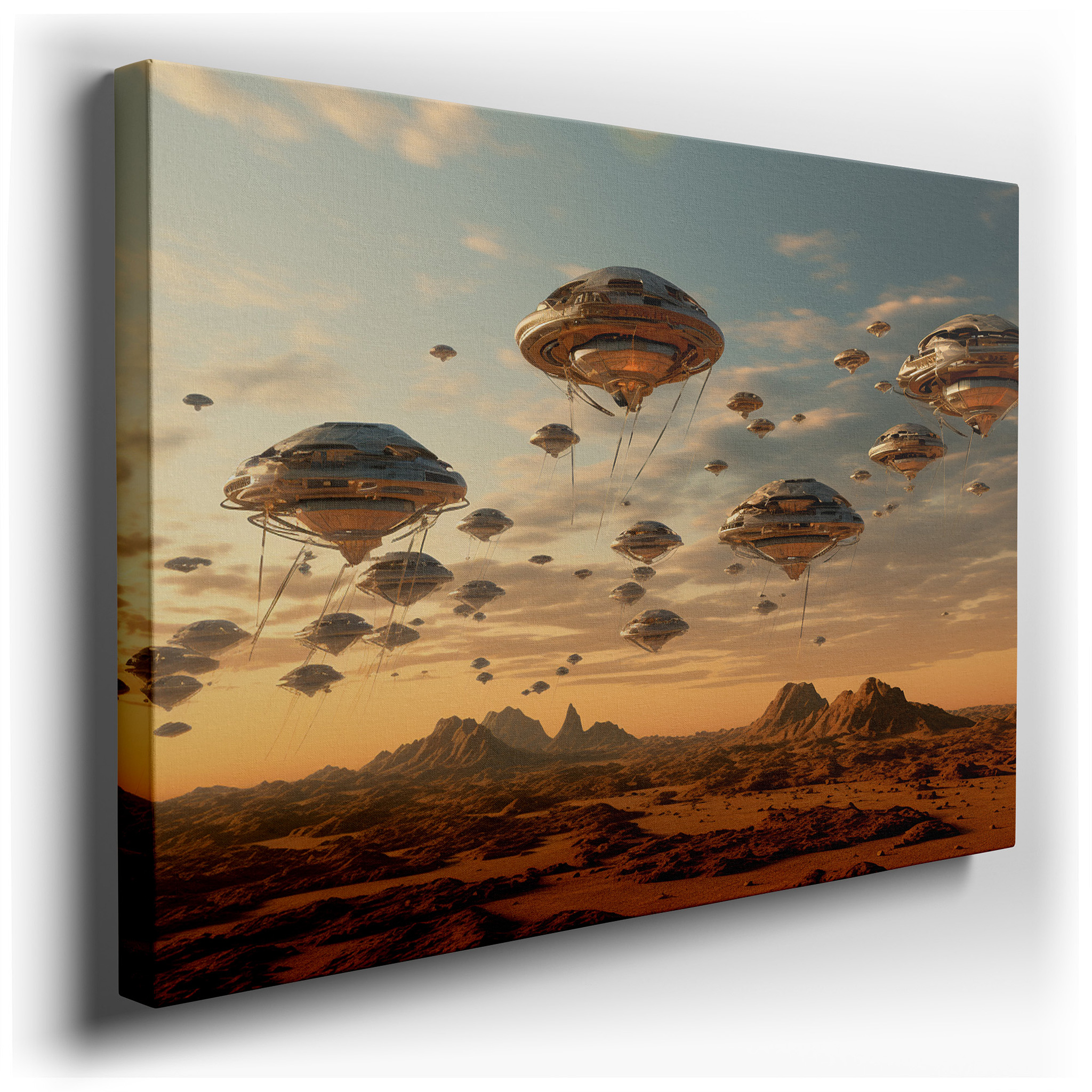 Desert Dawn and Cosmic Mystery: UFO - Themed Large Wall Art, Canvas Decor for Office, Bedroom, and Living Room wrapped