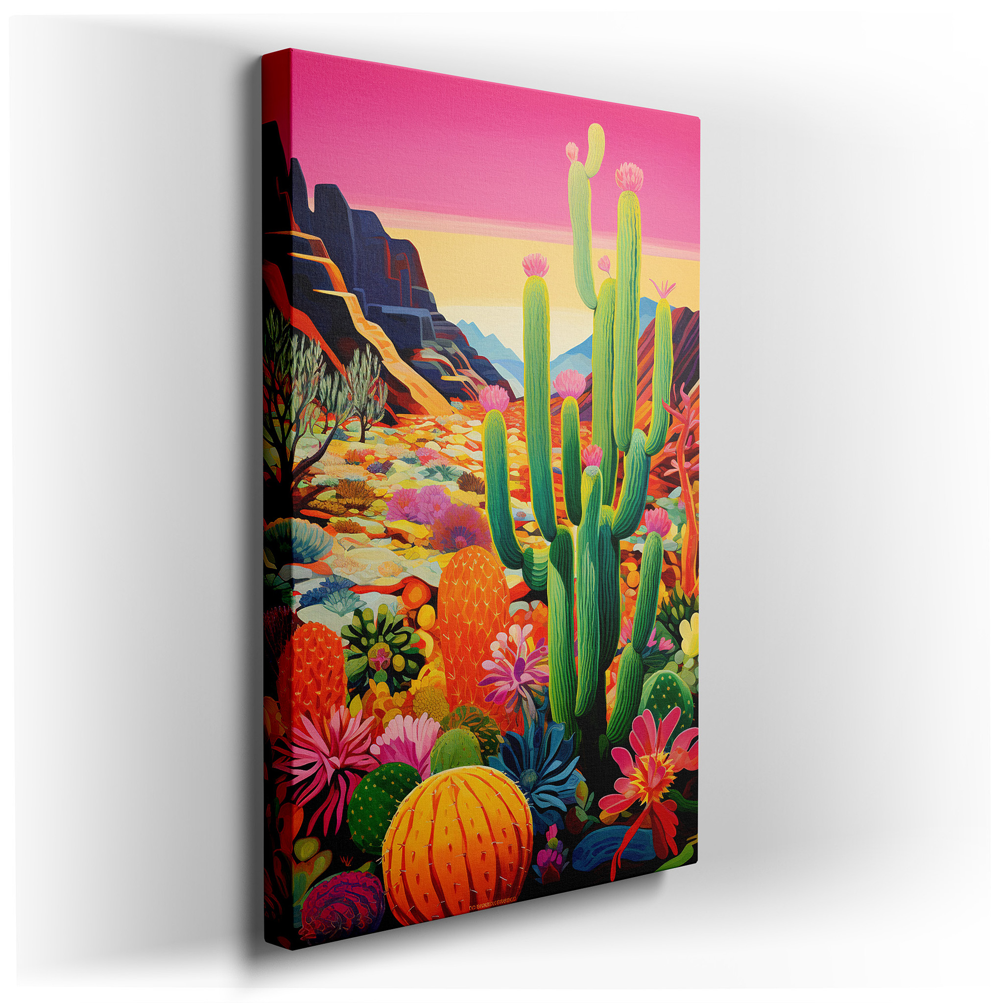 Desert Majesty: Tranquil and Vibrant Nature Scene with Cacti and Mountain Vistas - Large Canvas Wall Art for Office