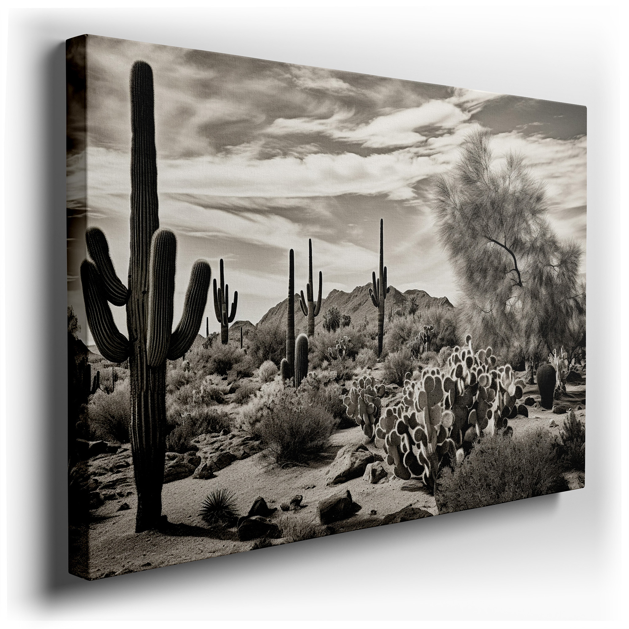 Desert Majesty Wall Art: Serene Saguaro Cacti, Dramatic Clouds, and Rugged Mountains - Large Canvas for Office or