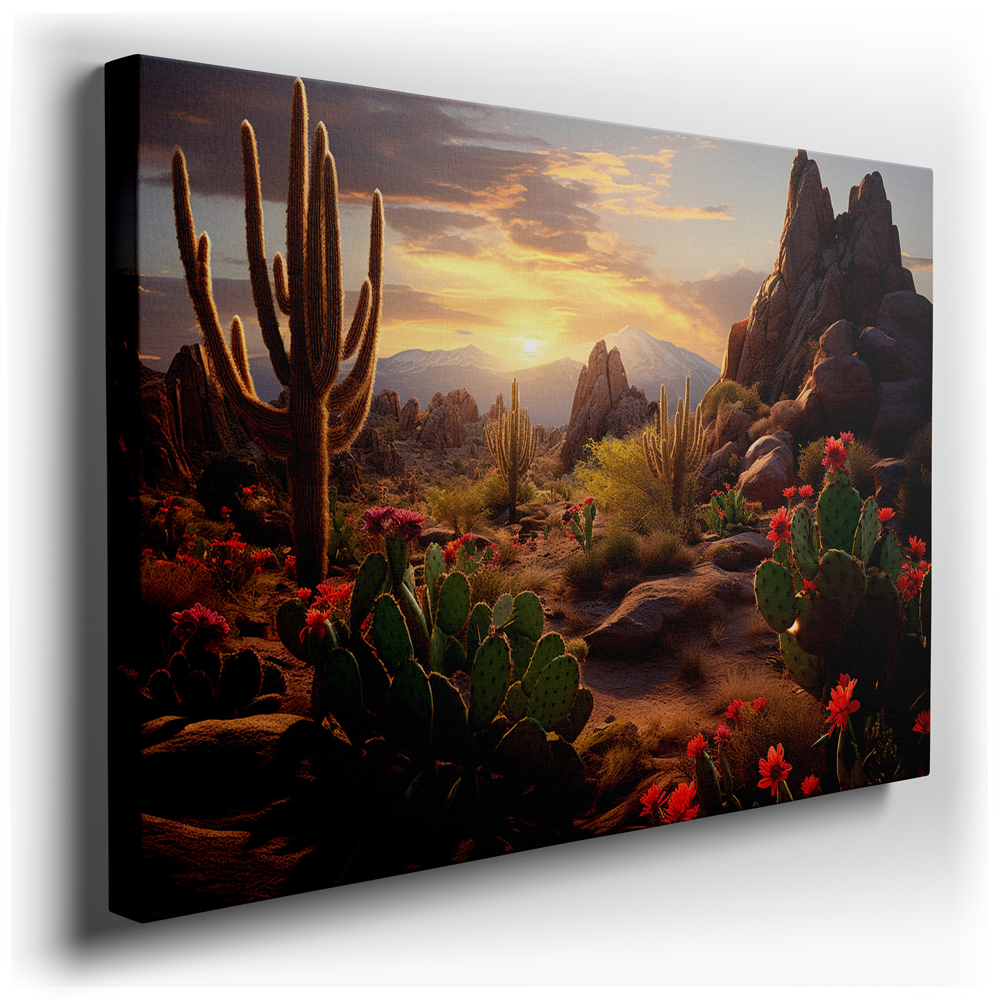 Desert Mountain Sunset with Bright Flowers, Large Canvas Wall Art for Office Decor wrapped canvas - main product photo