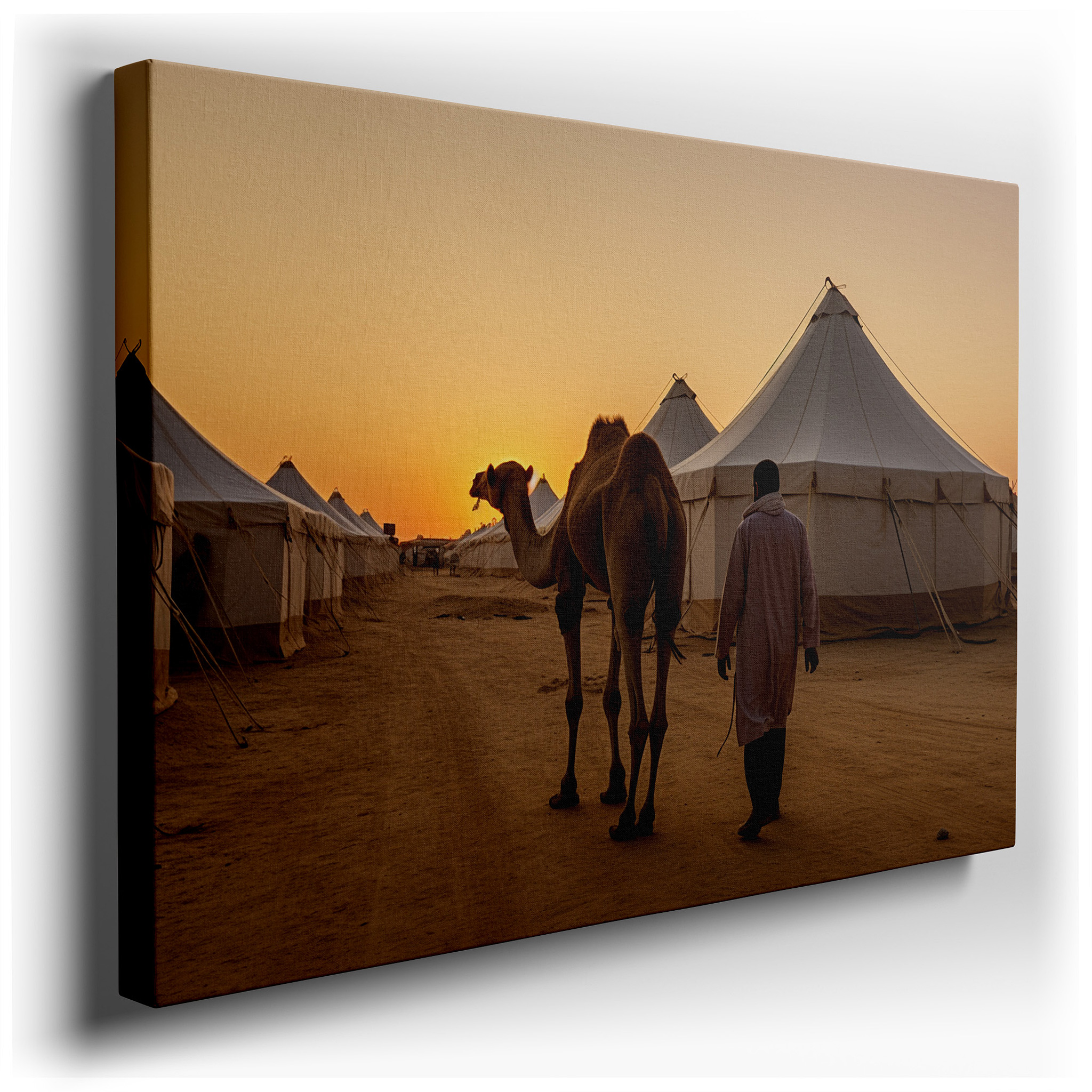 Desert Sunrise Wall Art: Camel and Nomad Scene, Symbol of Endurance in Arid Landscape - Large Canvas for Home or Office