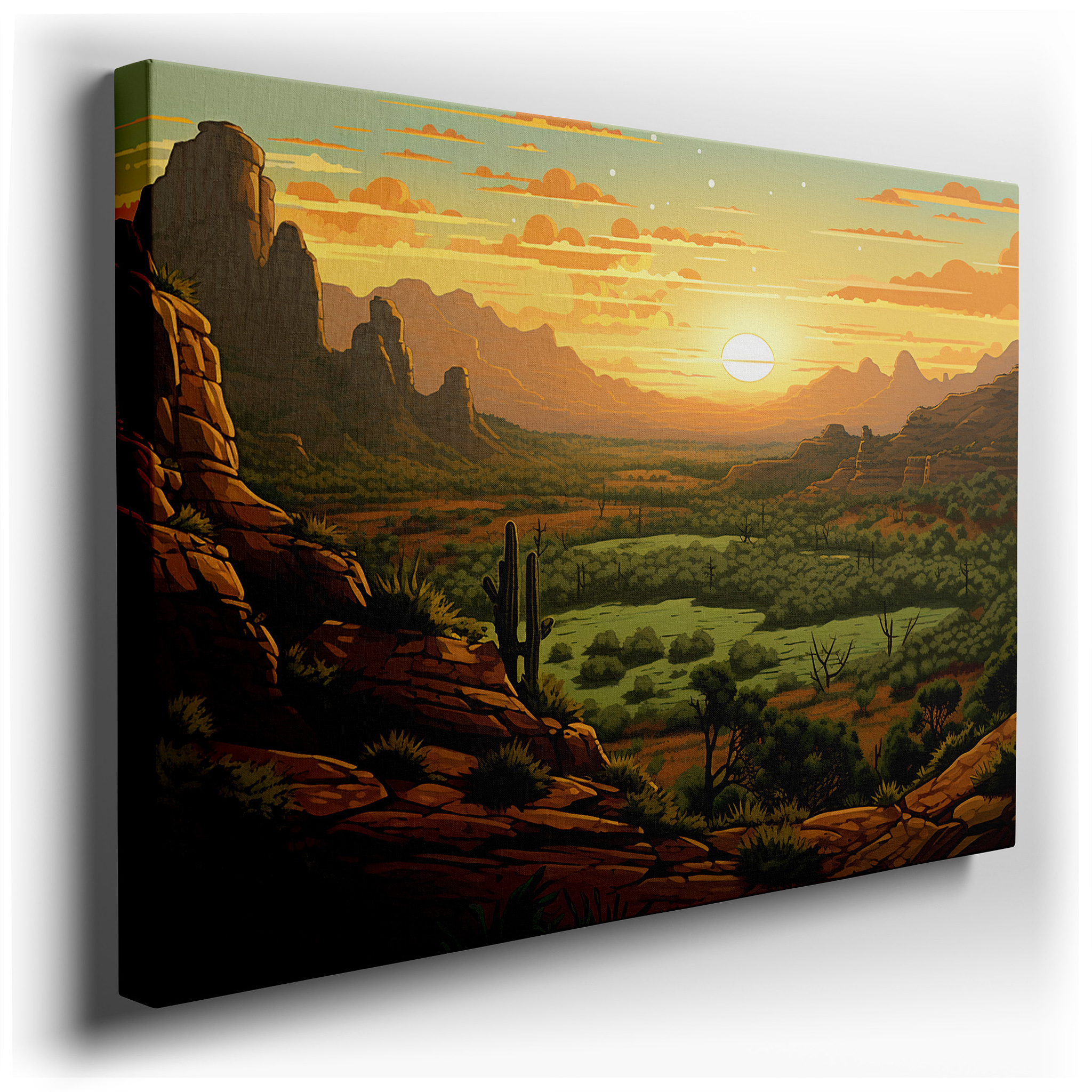 Desert Sunset and Cactus Silhouettes Against a Fiery Sky, Large Canvas Wall Art for Office and Bedroom Decor wrapped