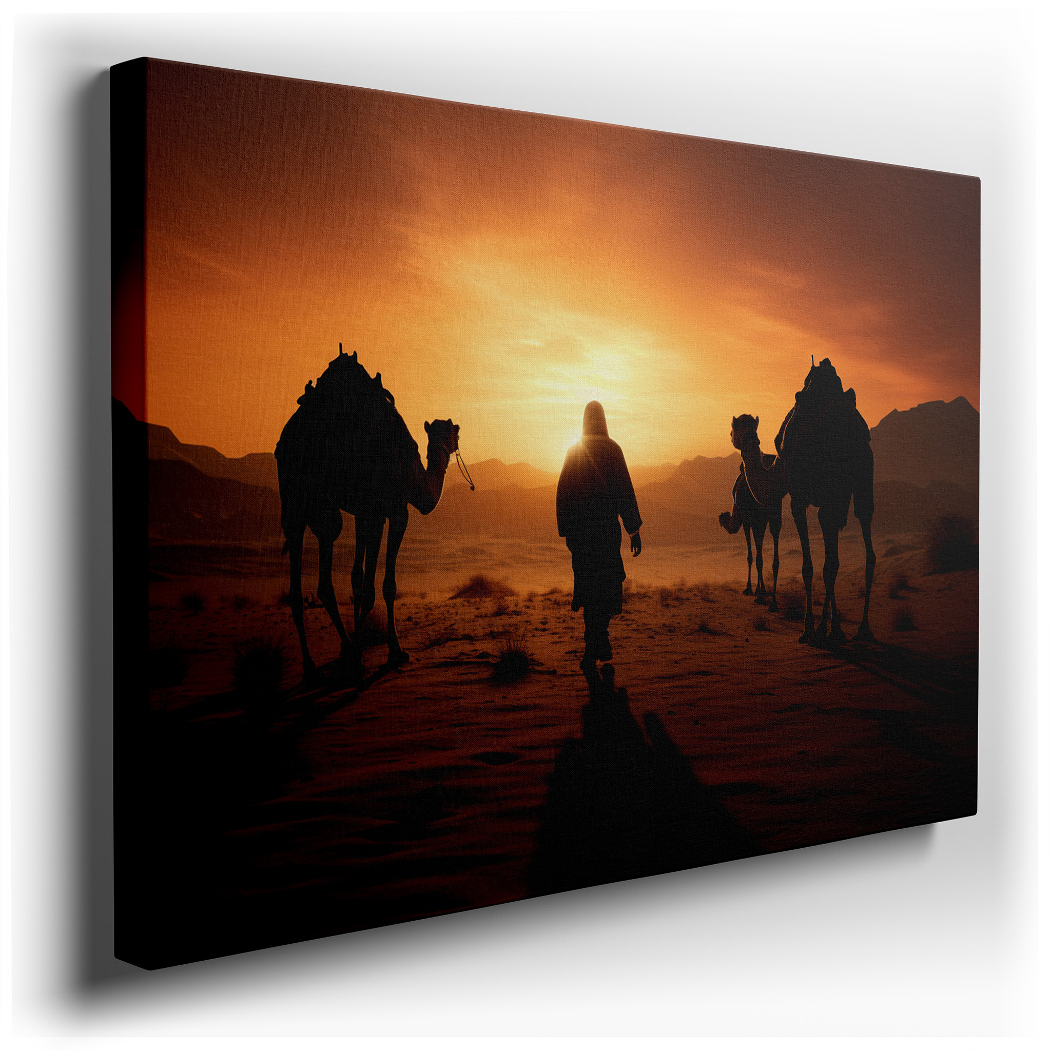 Desert Sunset Caravan Wall Art: Camels Crossing the Horizon, Tranquil Journey Scene, Large Canvas for Home and Office