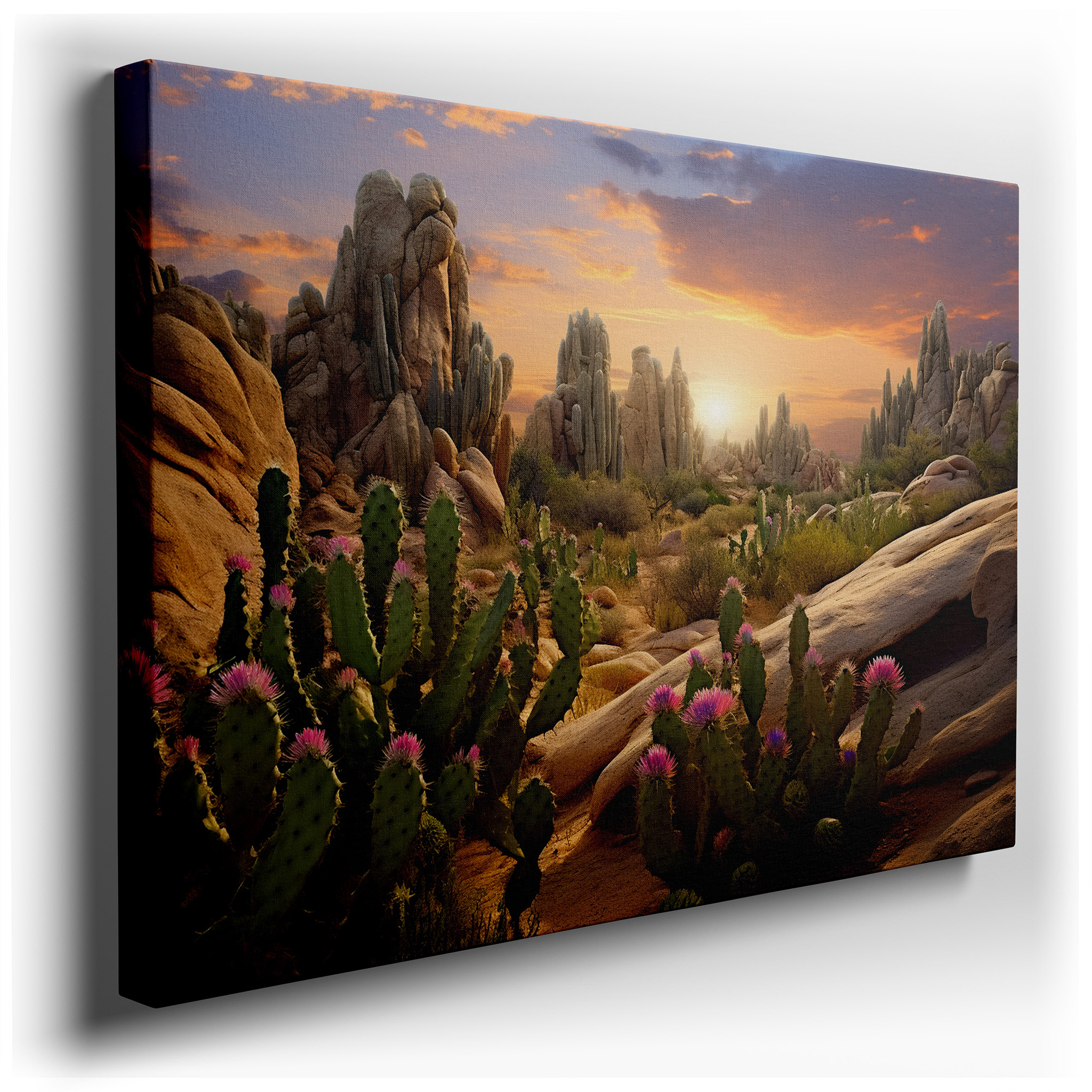 Desert Sunset Celebration: Rugged Natural Beauty with Cactus Silhouettes and Vibrant Wildflowers - Large Canvas Wall