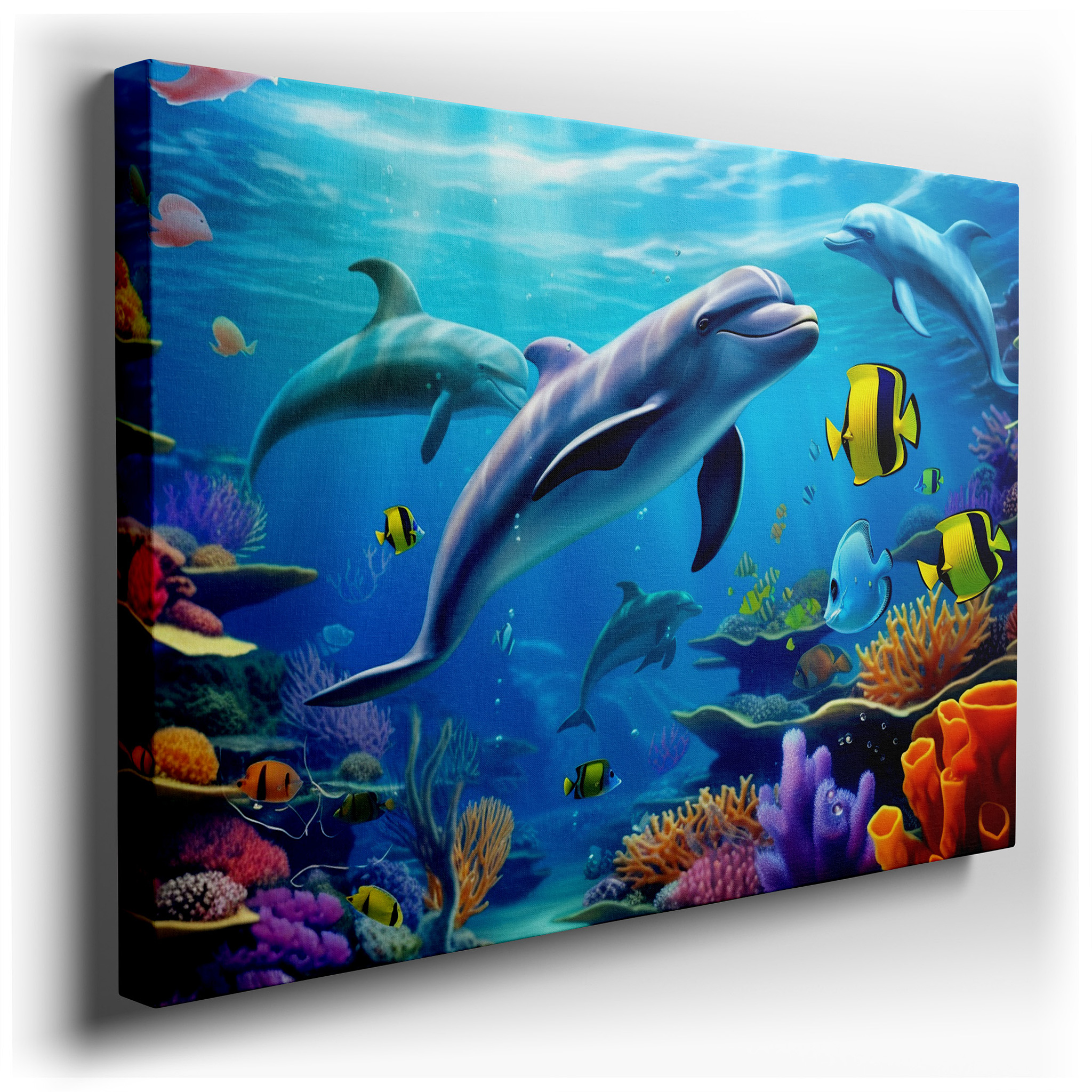 Dolphin and Coral Reef Wall Art - Tranquil Underwater Symphony - Large Canvas for Home and Office Decor wrapped canvas