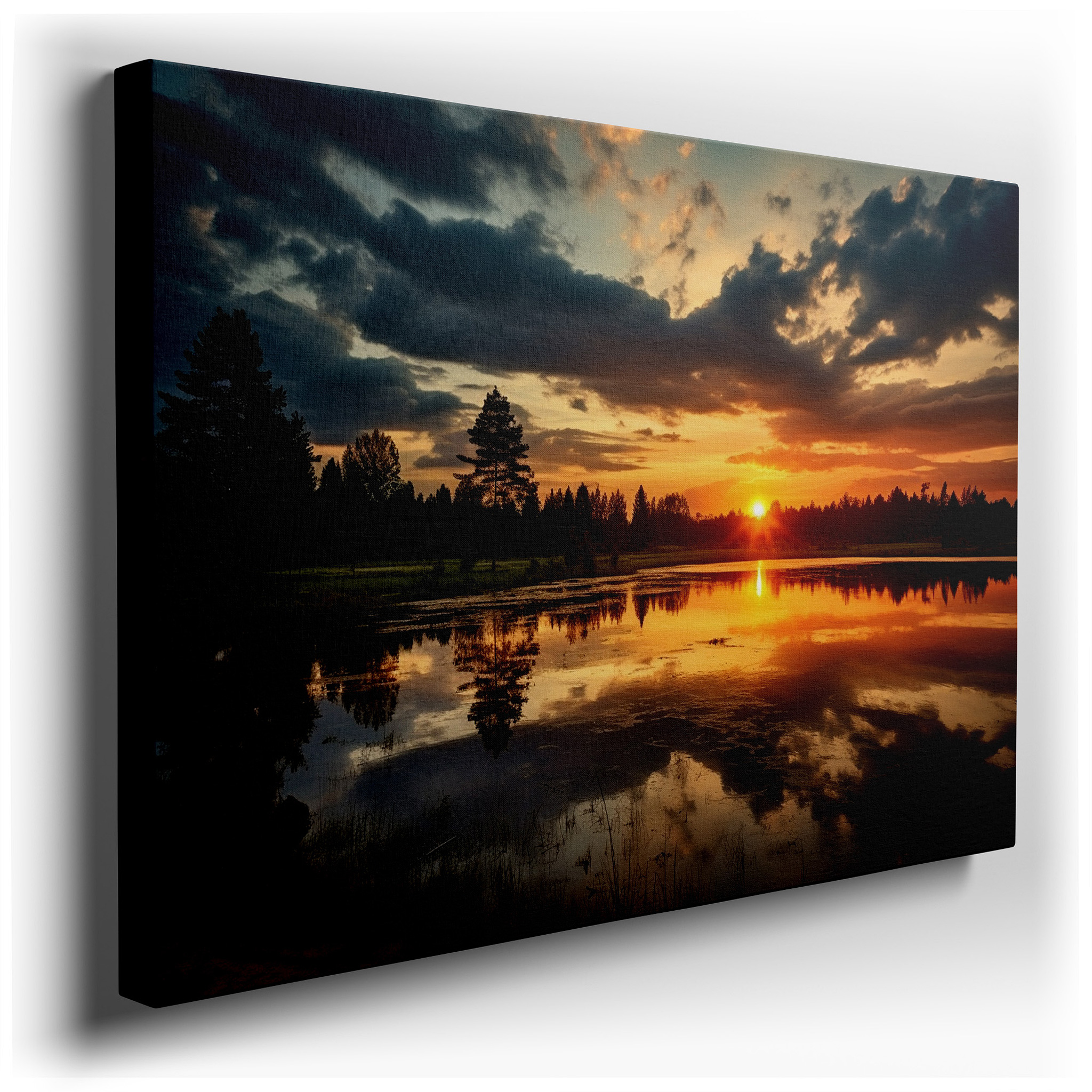 Dramatic Sunset Over Reflective Pond Surrounded by Lush Trees Large Wall Art, Canvas Wall Art, Wall Decor for Office,