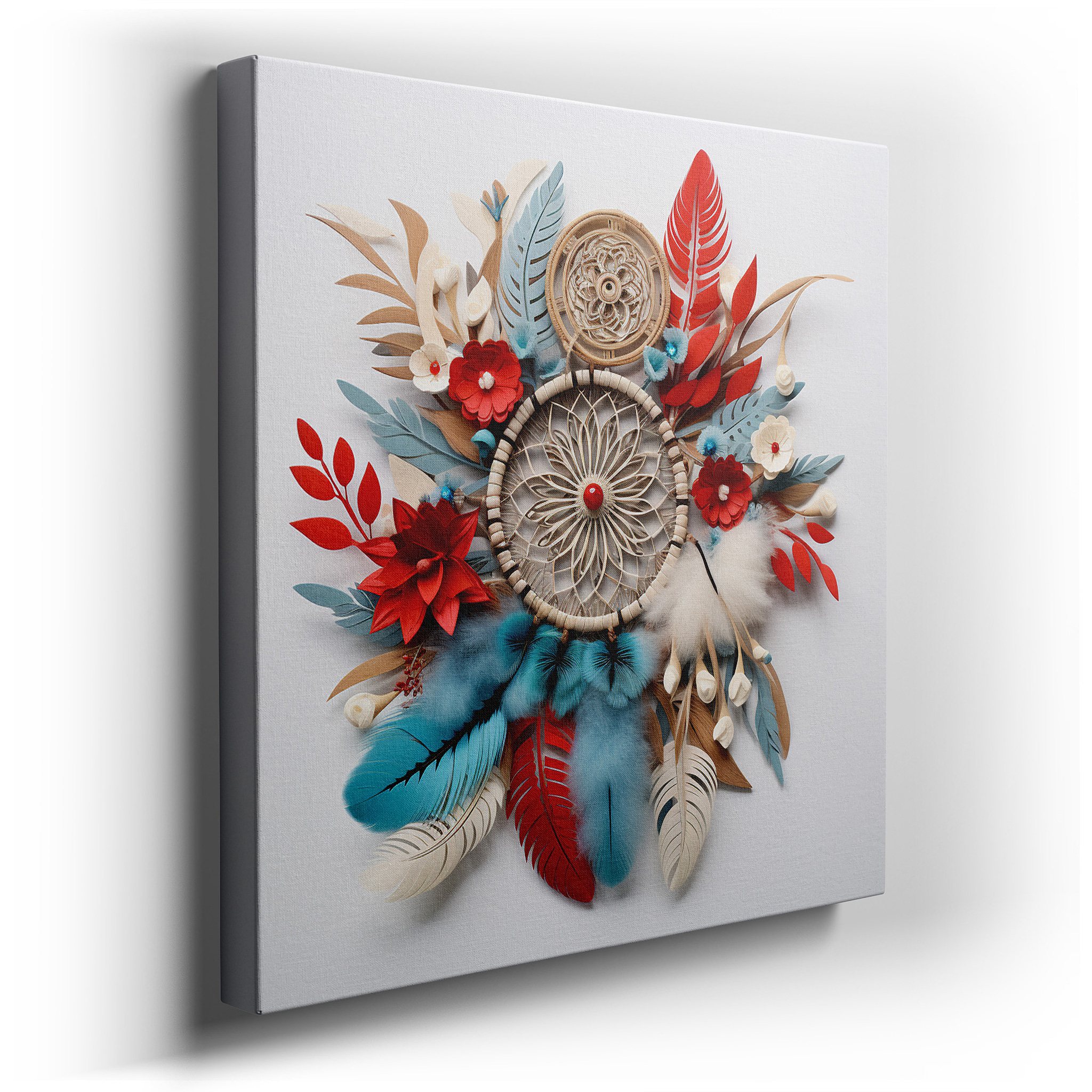 Dreamcatcher with Blooming Flowers and Delicate Feathers: A Symbol of Peace and Spiritual Connection - Large Canvas