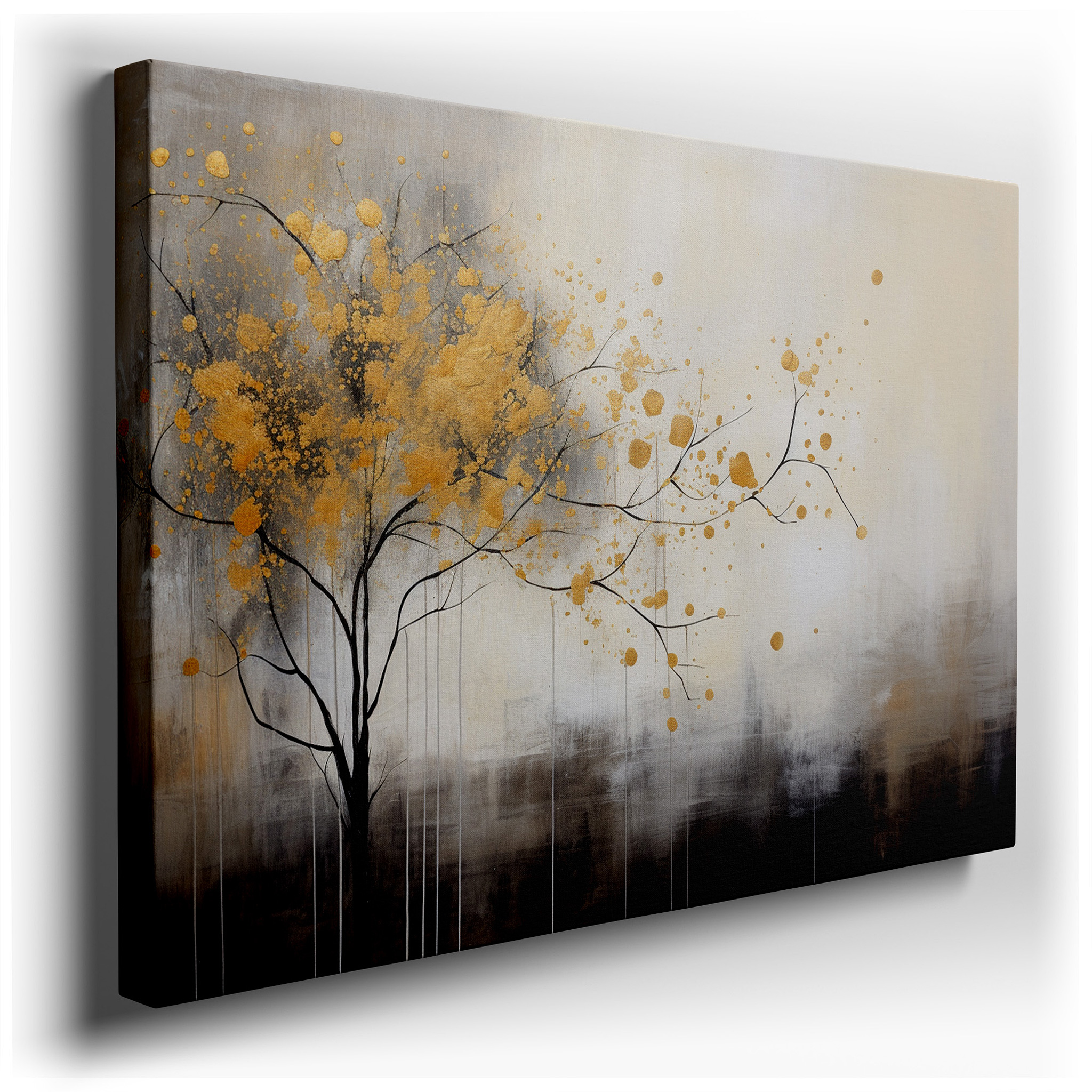 Dreamlike Elegant Tree with Golden Splashes Large Canvas Wall Art for Office, Bedroom, and Living Room Decor wrapped