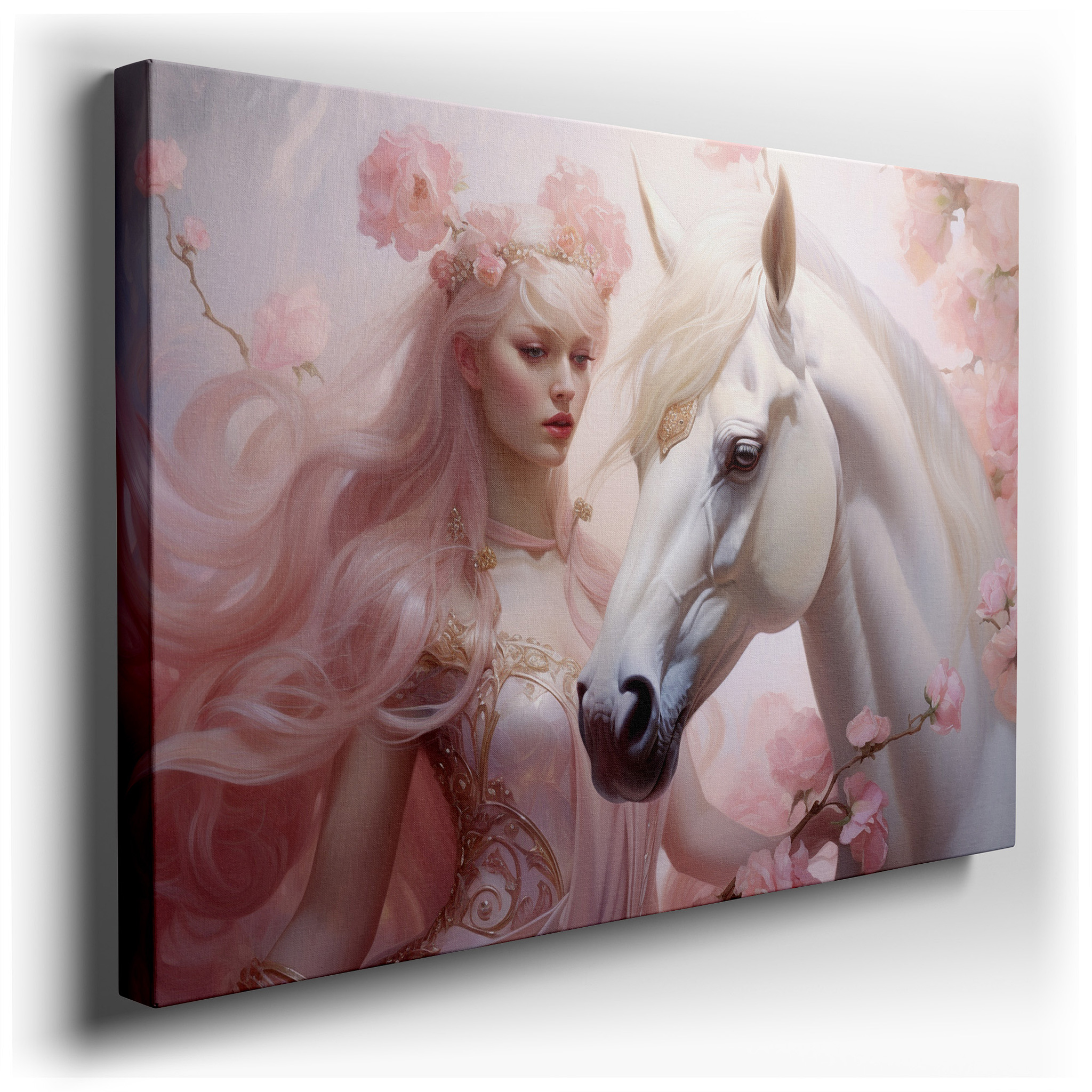Dreamy Pastel Scene with Serene Woman and Floral Crown Next to a White Horse - Large Canvas Wall Art for Bedroom and