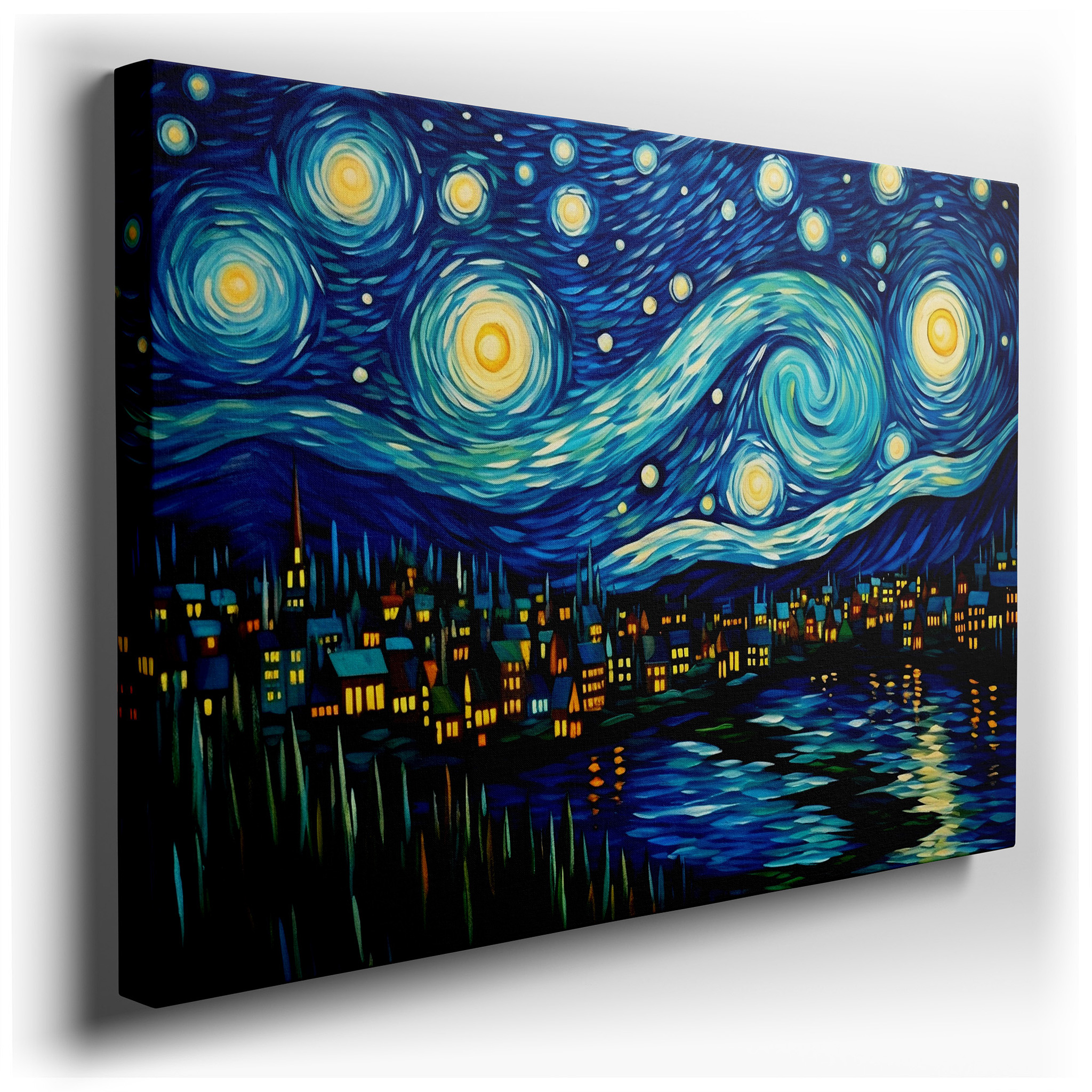 Dreamy Starlit Glow Over Tranquil Town, Night Sky Reflection Large Canvas Wall Art, Decor for Office, Bedroom, and