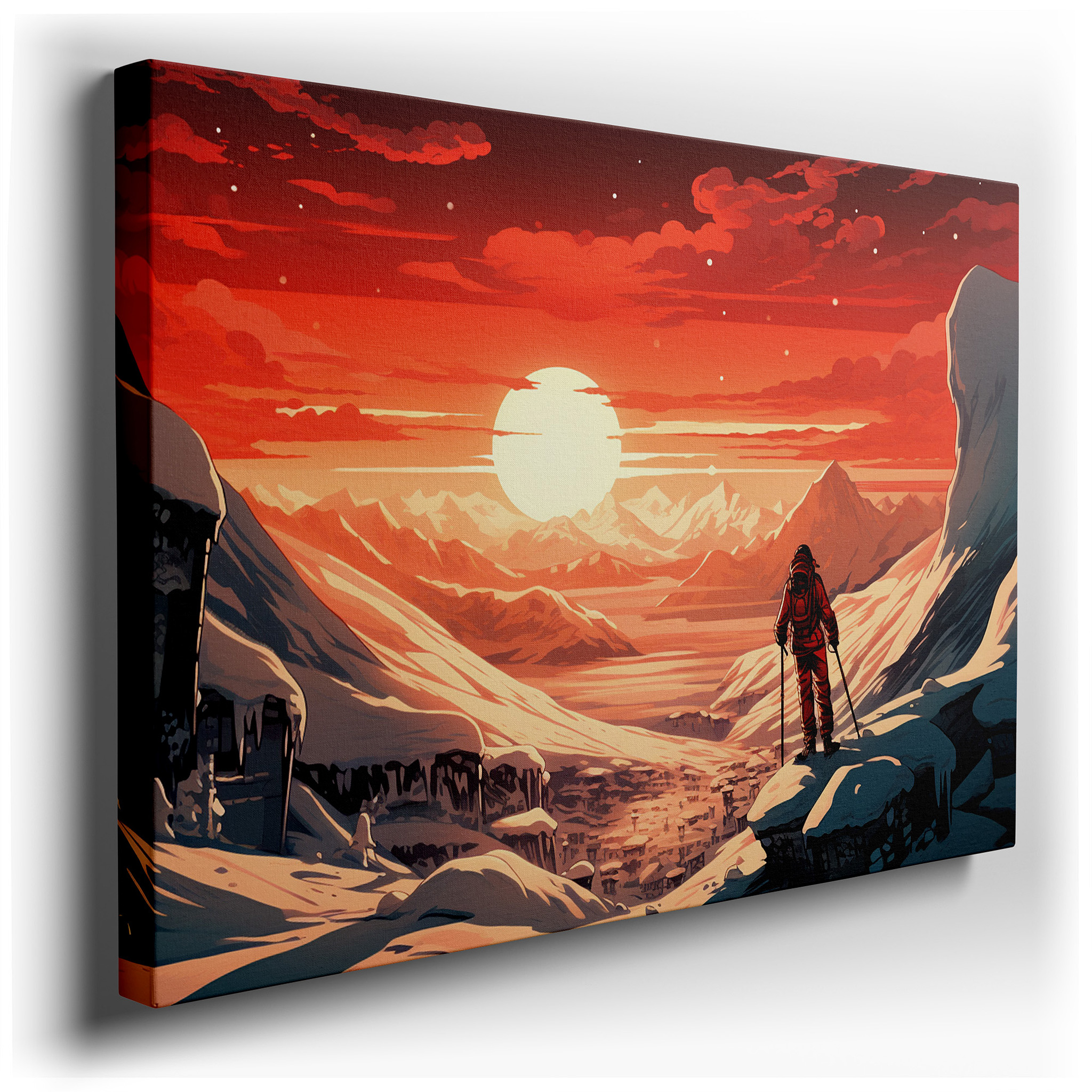 Dusk Triumph - Mountaineer's Victory Over Snow - Capped Peaks Under a Majestic Sunset Large Wall Art, Canvas Wall Art,