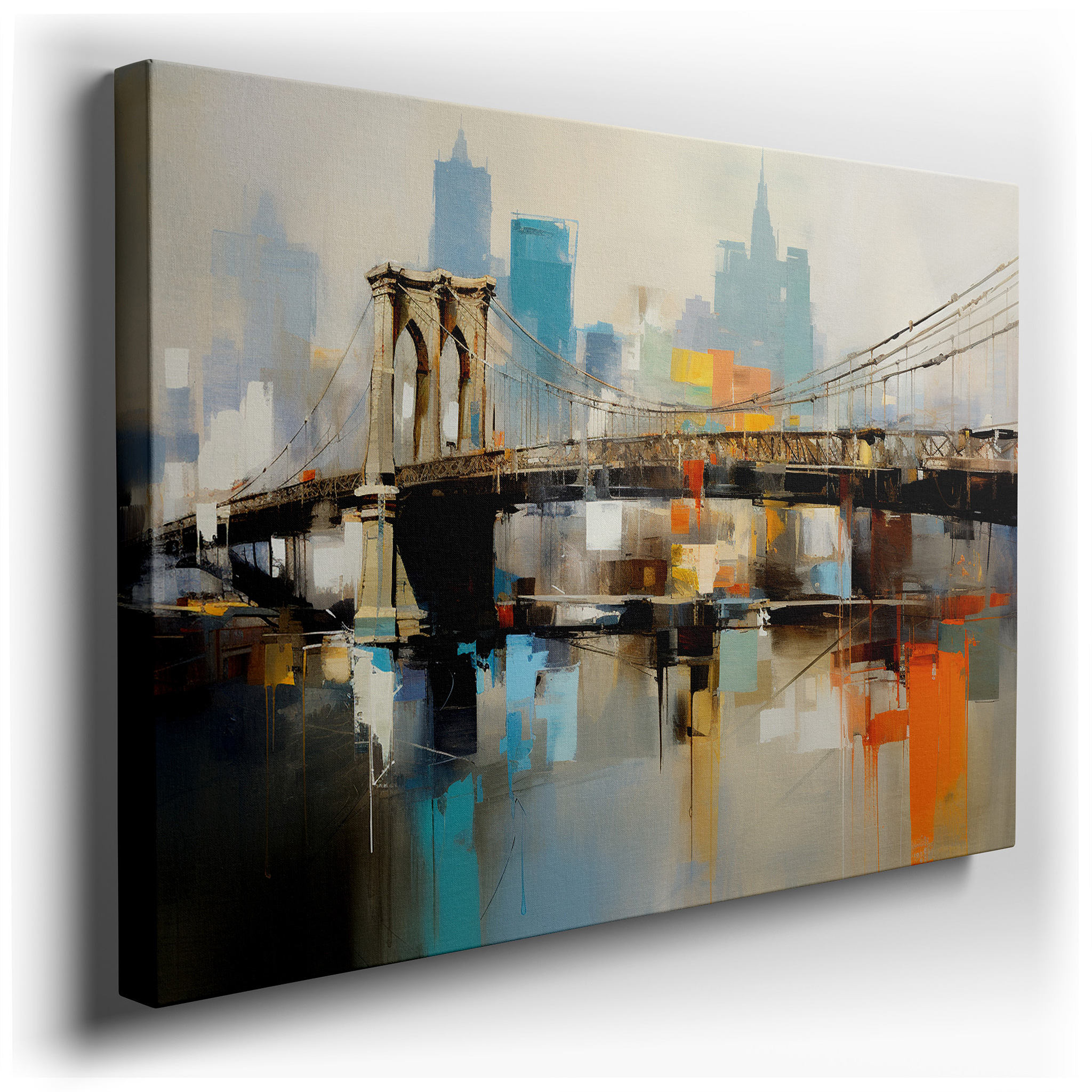 Dynamic Abstract Cityscape with Vibrant Bridge Reflections, Large Canvas Wall Art for Office and Bedroom Decor wrapped
