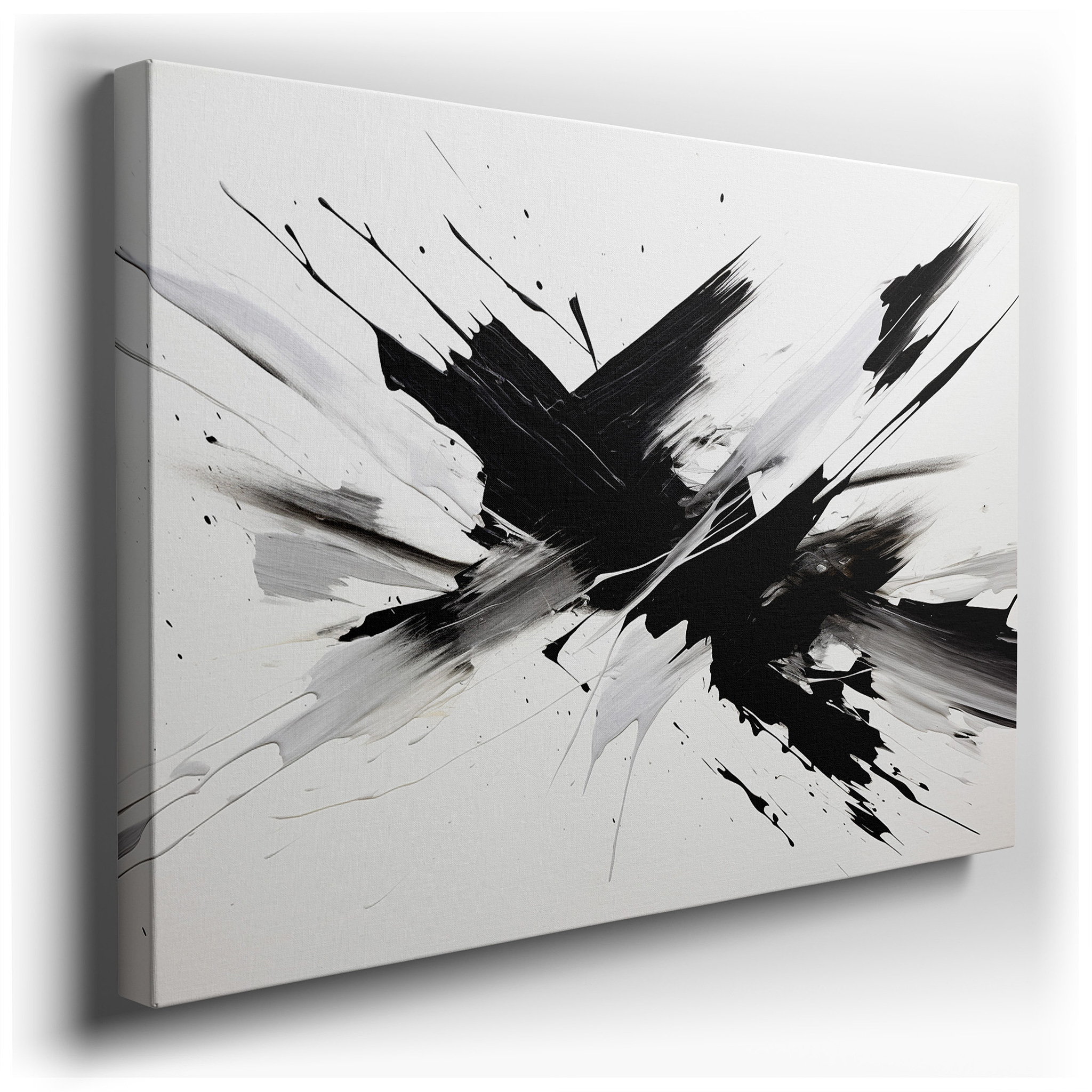 Dynamic Black and White Abstract Expressionism Artwork, Embodying Emotional Turmoil and Motion, Ideal for Large Wall