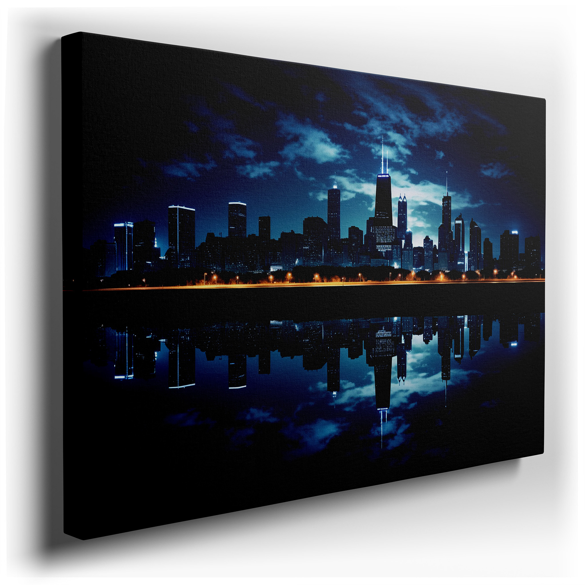 Dynamic Chicago Skyline at Night with Bright City Lights and Peaceful Water Reflections - Large Canvas Wall Art for