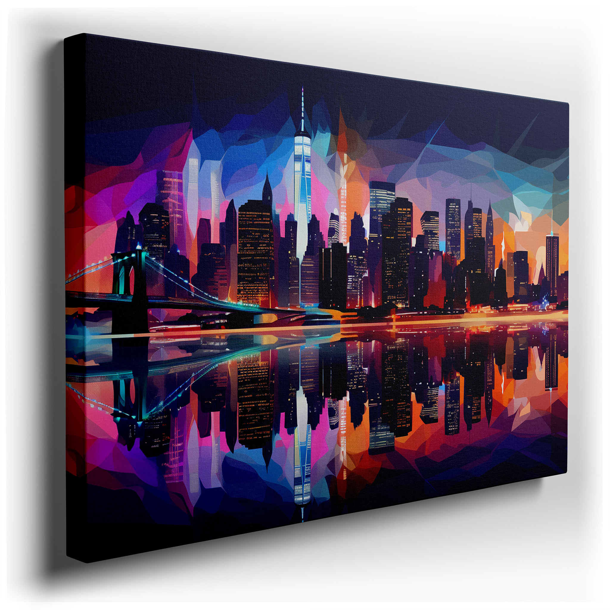 Dynamic City Skyline at Night with Reflective Waters Large Canvas Wall Art, Vibrant Office and Bedroom Decor wrapped