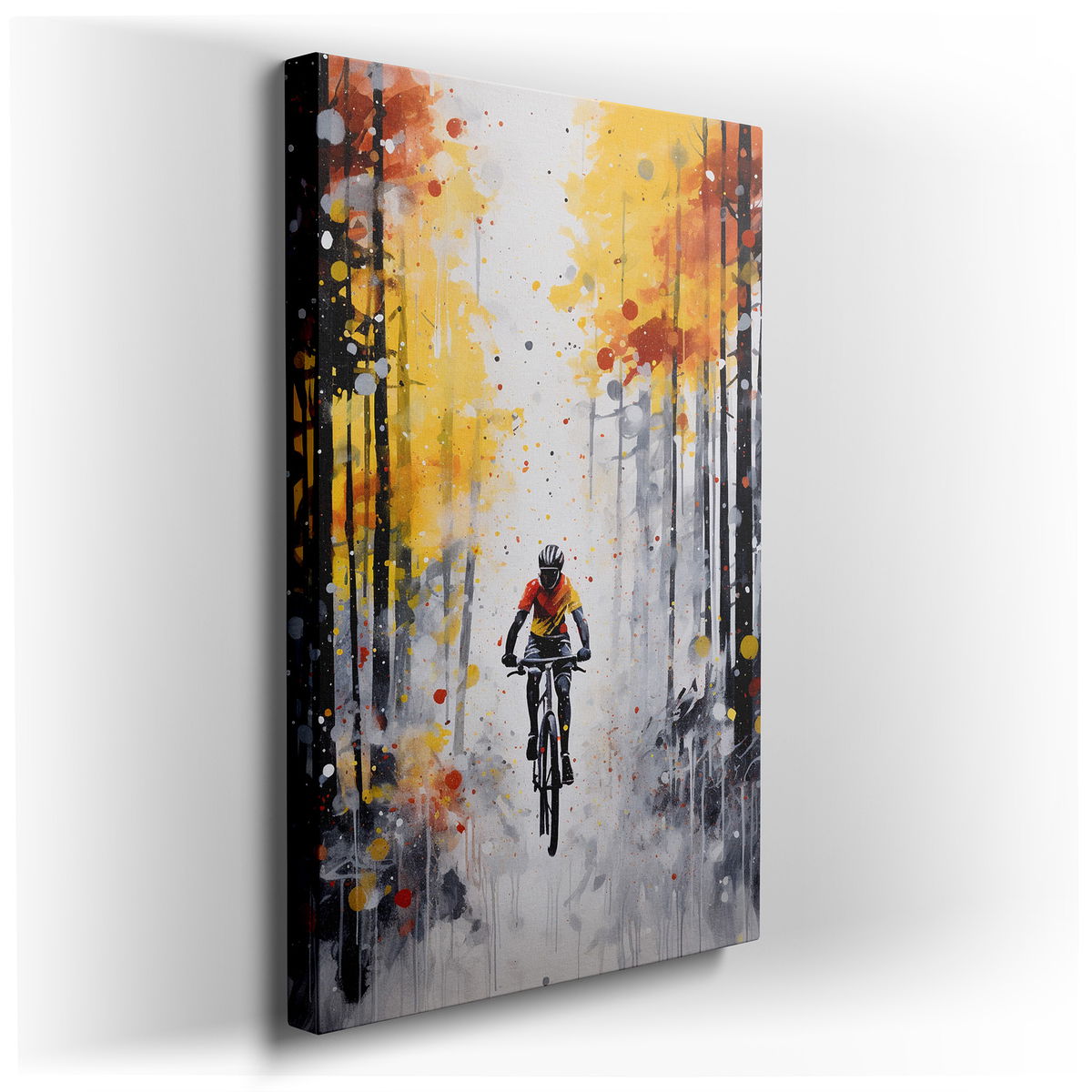 Dynamic Mountain Biker Racing Through Autumn Forest - Colorful Canvas Wall Art