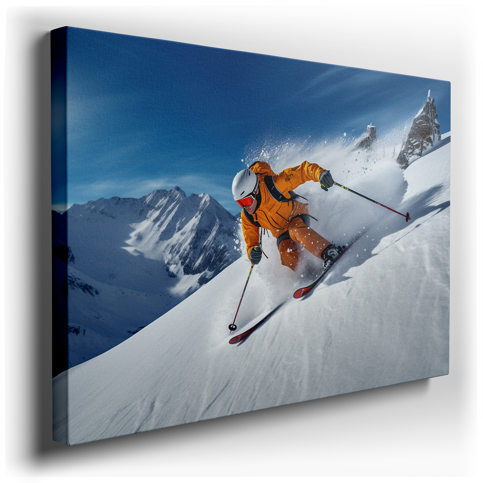 Dynamic Skier in Orange Against Pristine Snow and Majestic Peaks - Large Canvas Wall Art for Office and Bedroom Decor