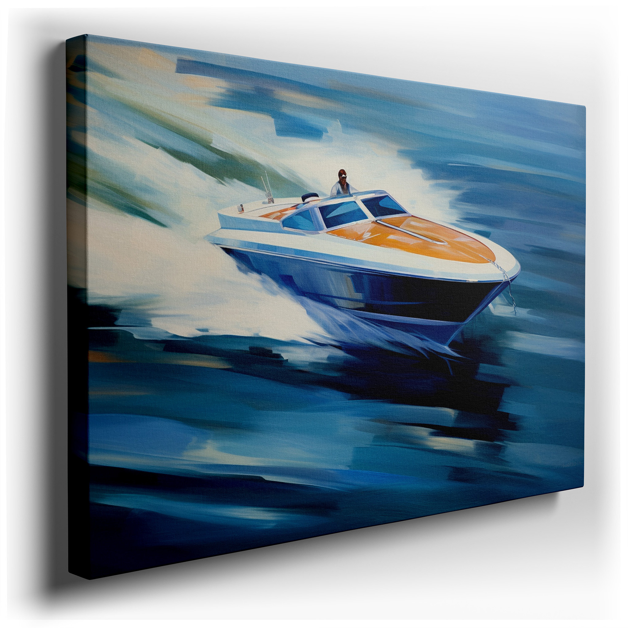 Dynamic Speed Boat Adventure on Azure Waves - Nautical Thrills and Elegance Wall Art, Large Canvas Decor for Office