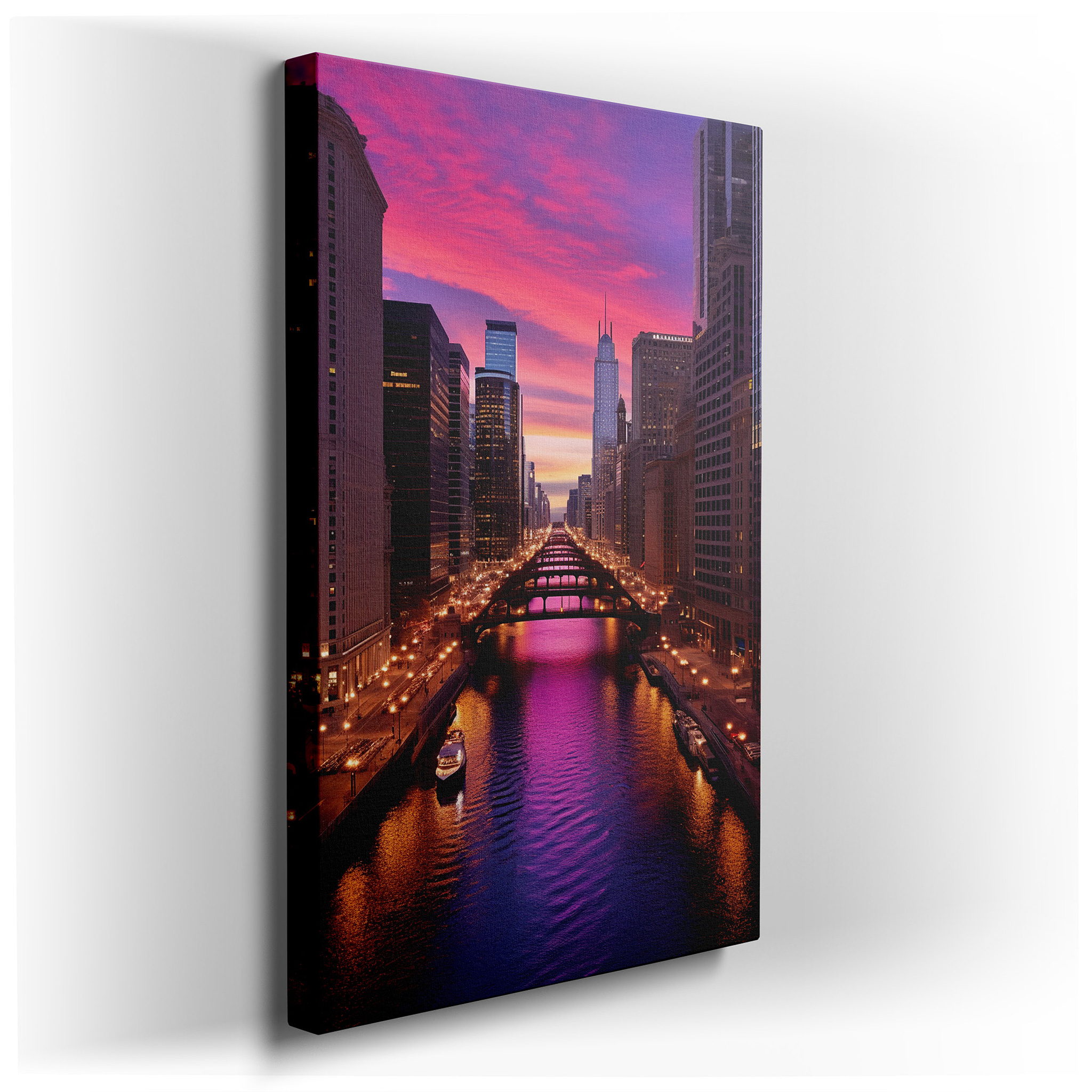 Dynamic Sunset and Skyline Reflections Over the Chicago River - Large Canvas Wall Art for Office Decor wrapped canvas -