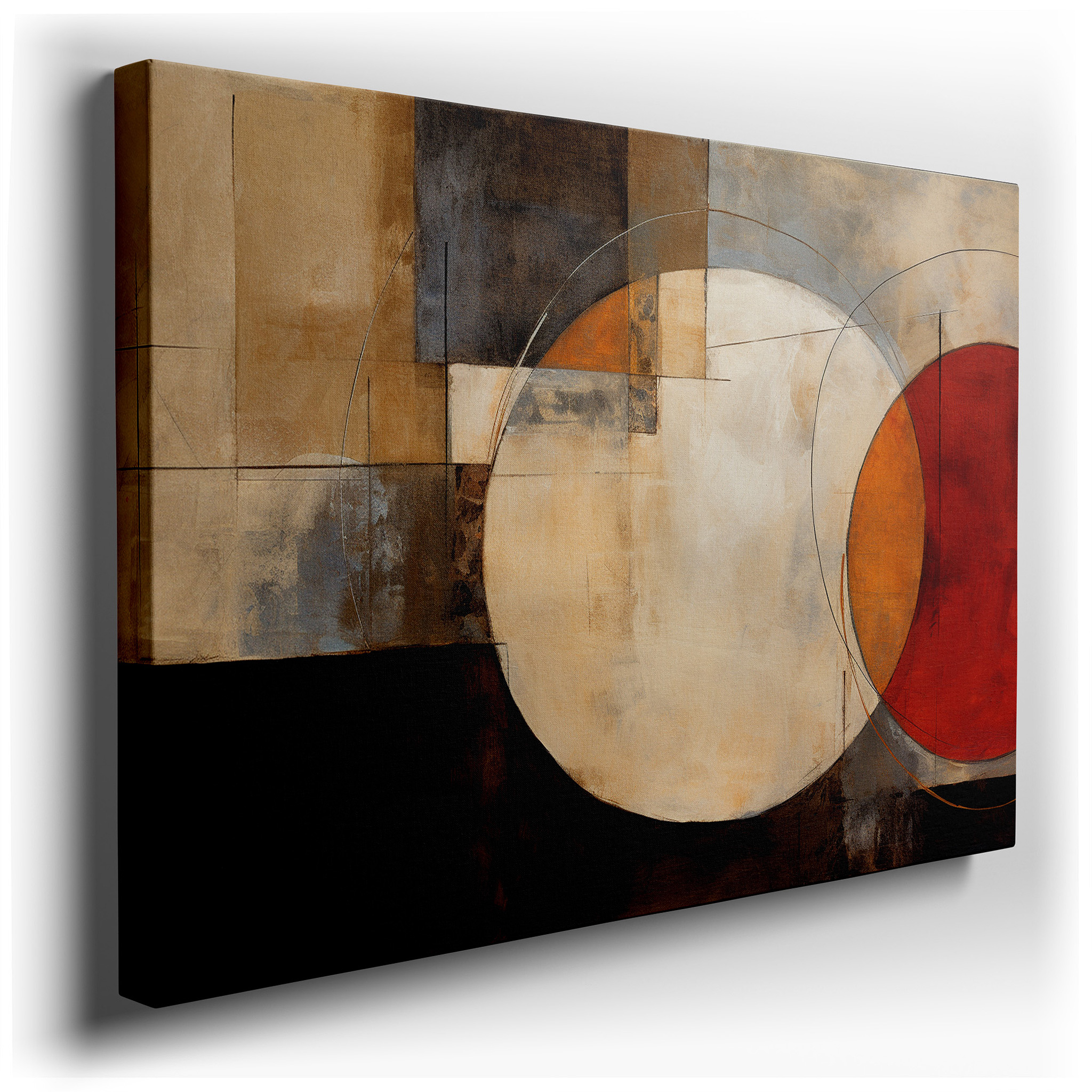 Earthy Tones Symphony with Intersecting Circles: Geometric Abstract Large Canvas Wall Art for Home and Office Decor