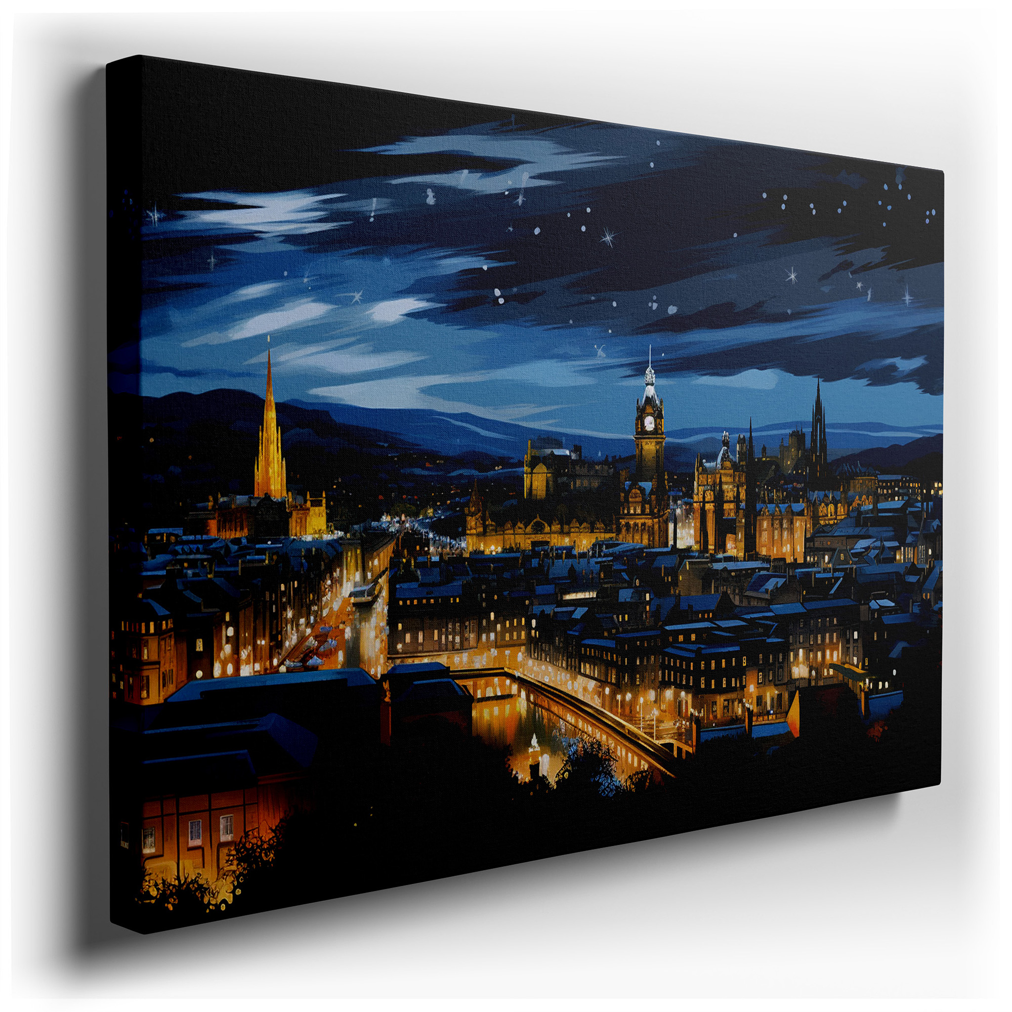Edinburgh's Night Skyline Under Starlit Mystique - A Panoramic View of Historic and Modern Architectural Splendor Large