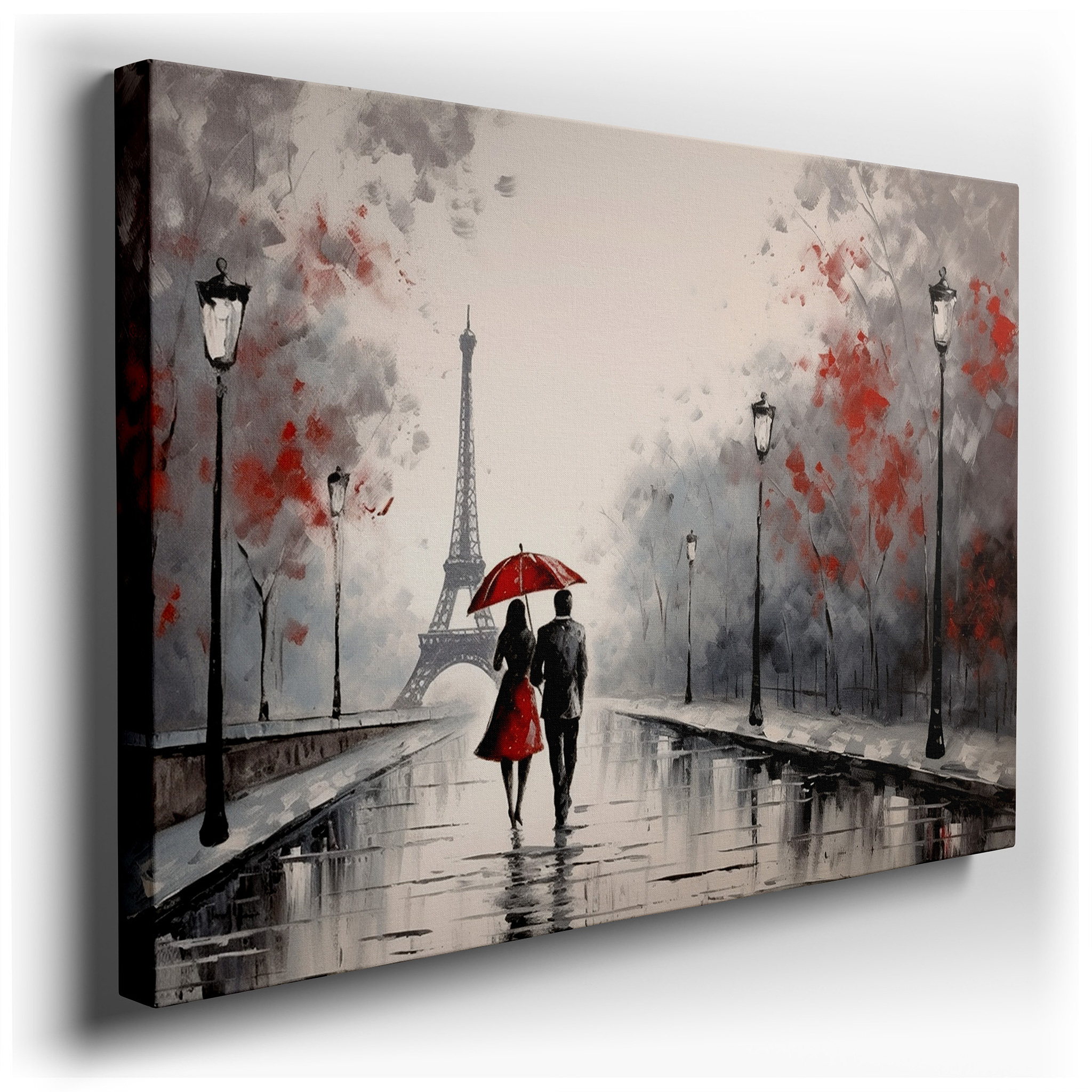 Eiffel Tower Romantic Stroll Large Wall Art with Vivid Red Umbrella, Canvas Wall Art for Office, Bedroom, and Living